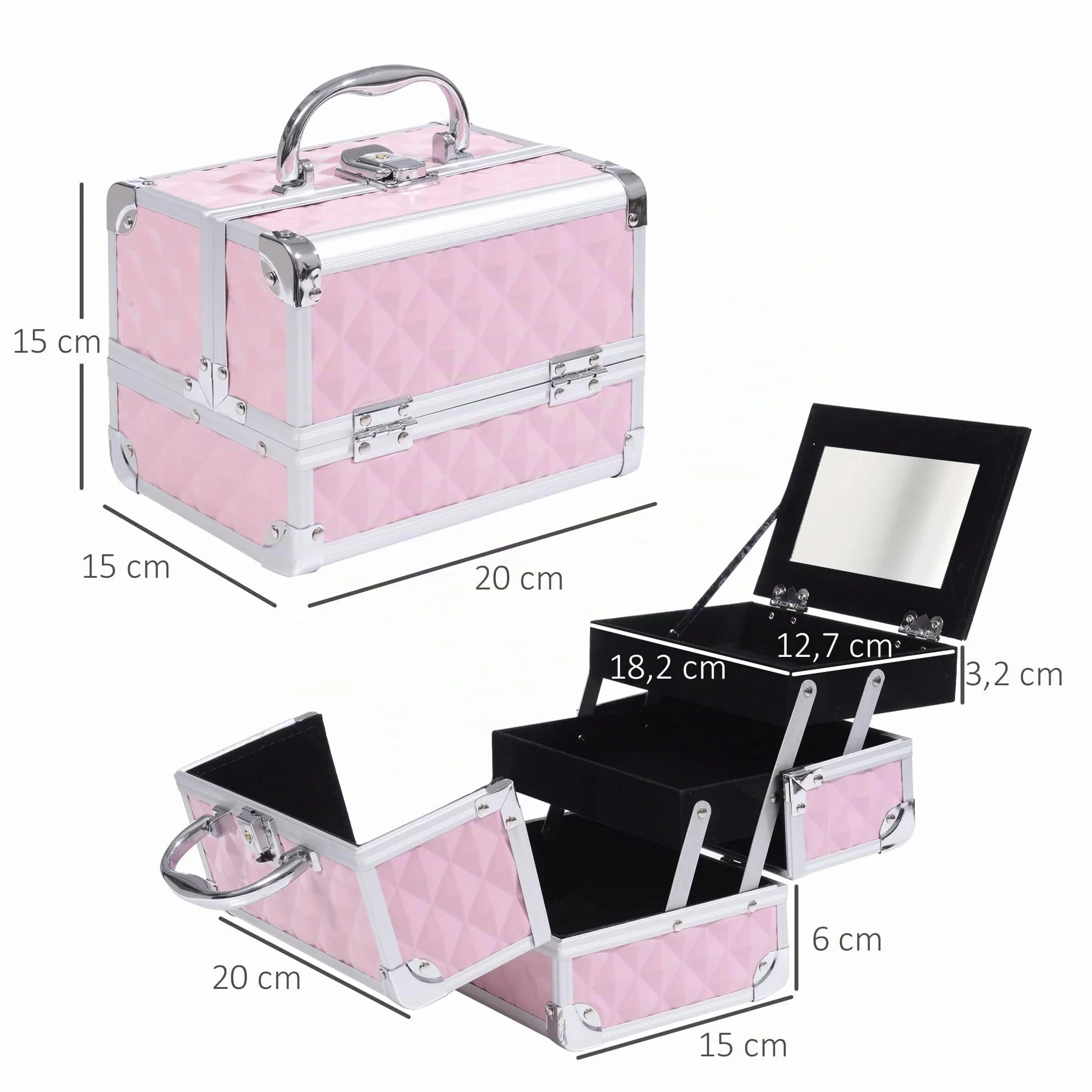 HOMCOM Mallette à Maquillage Rangement 3 Niveaux Miroir Verrouillage 2 Clés