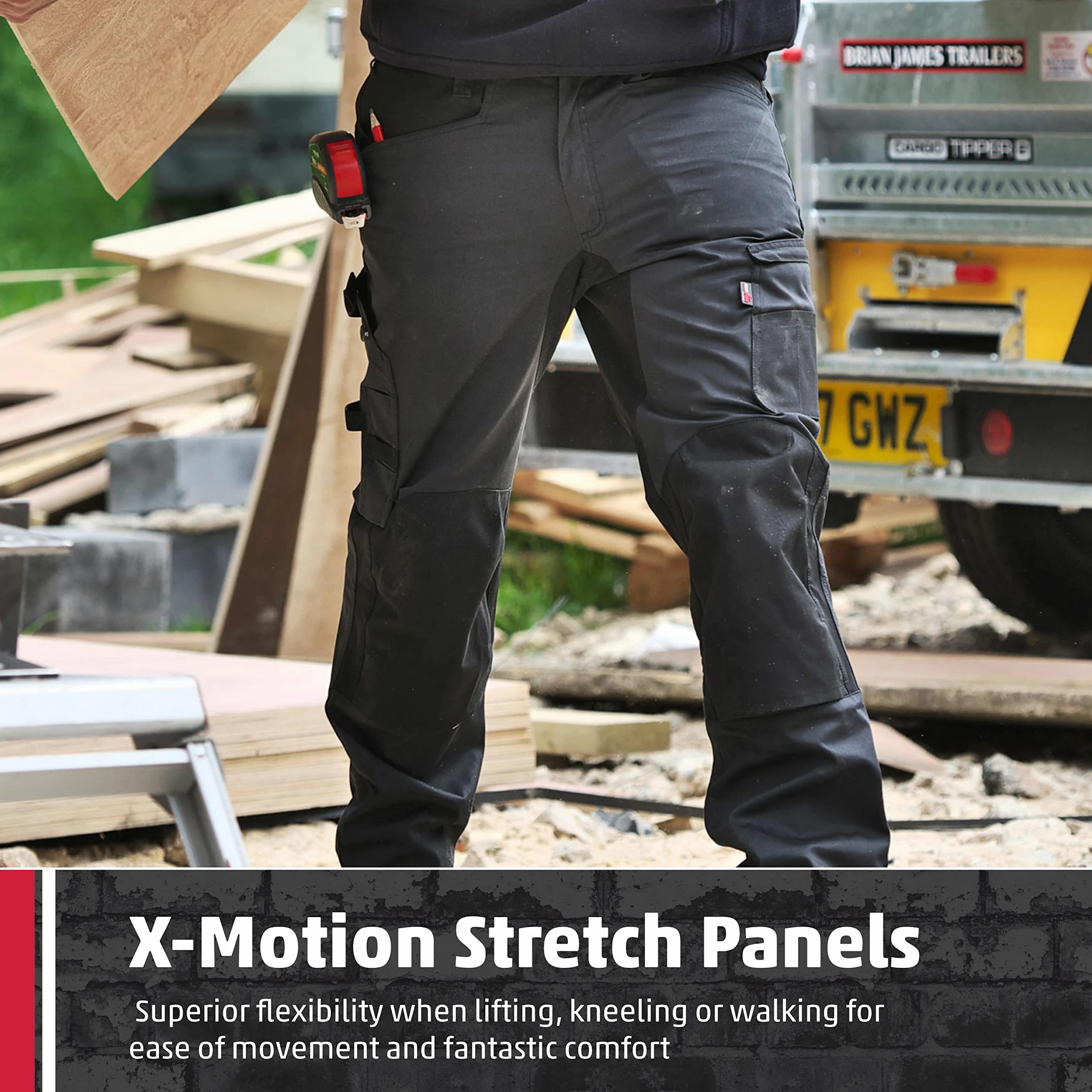 TuffStuff - Pantalon de travail X-Motion - Style cargo - Panneaux extensibles - Coutures triples - Dispose de poches genouillères - Confortable et flexible, gris, 32 W
