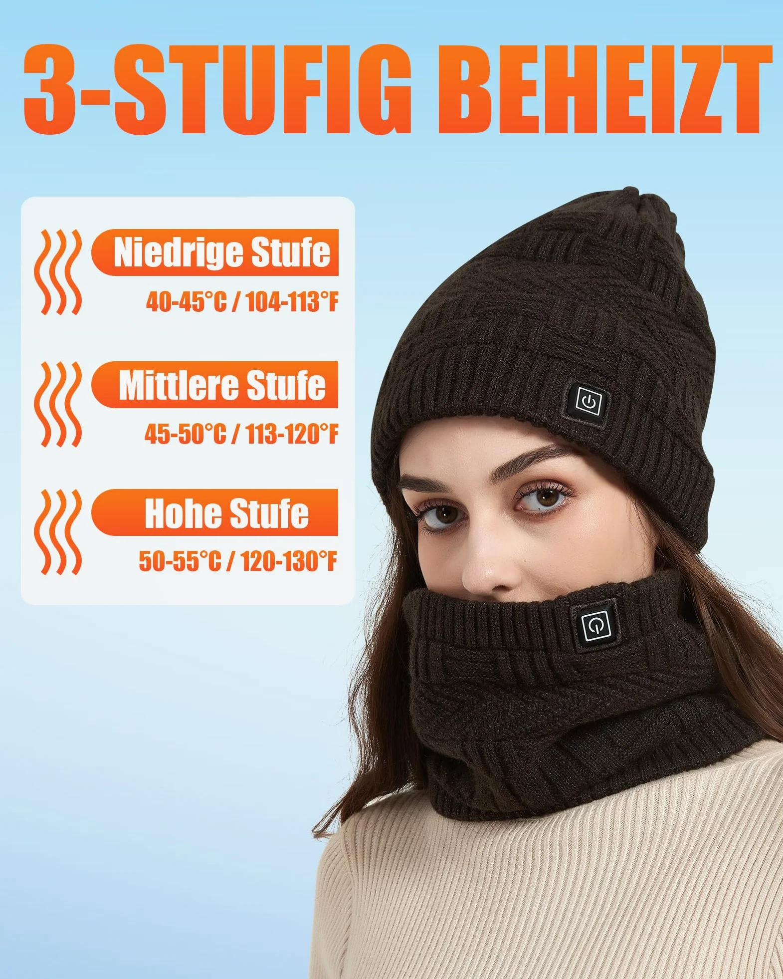 CYCYHEAT Bonnet chauffant - Écharpe chauffante et bonnet chauffant pour hommes et femmes avec batterie de 4000 mAh - 3 niveaux de température, Cache-cou noir + chapeau, taille unique