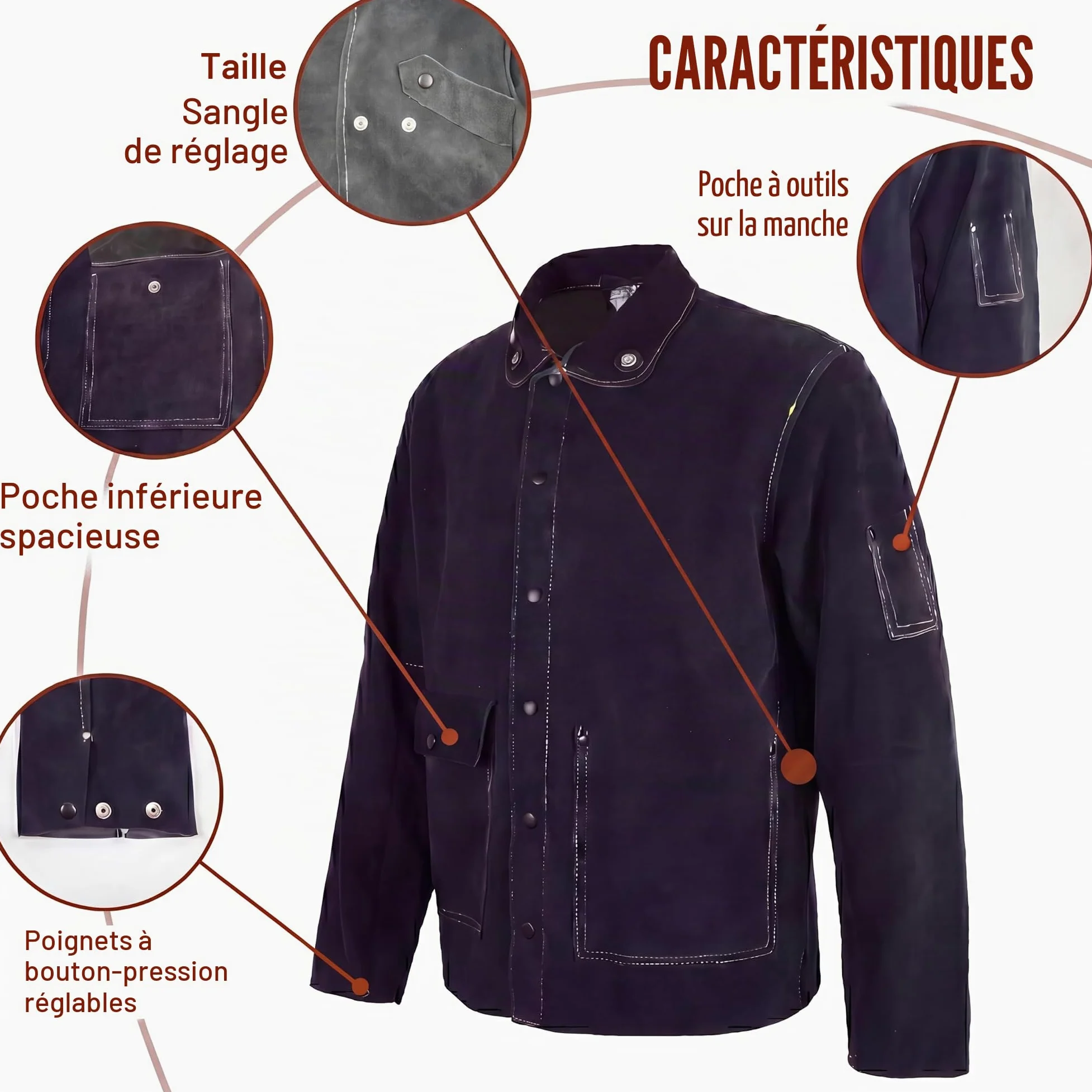Veste de soudage en cuir, manteau de sécurité robuste, résistant à la chaleur et aux flammes