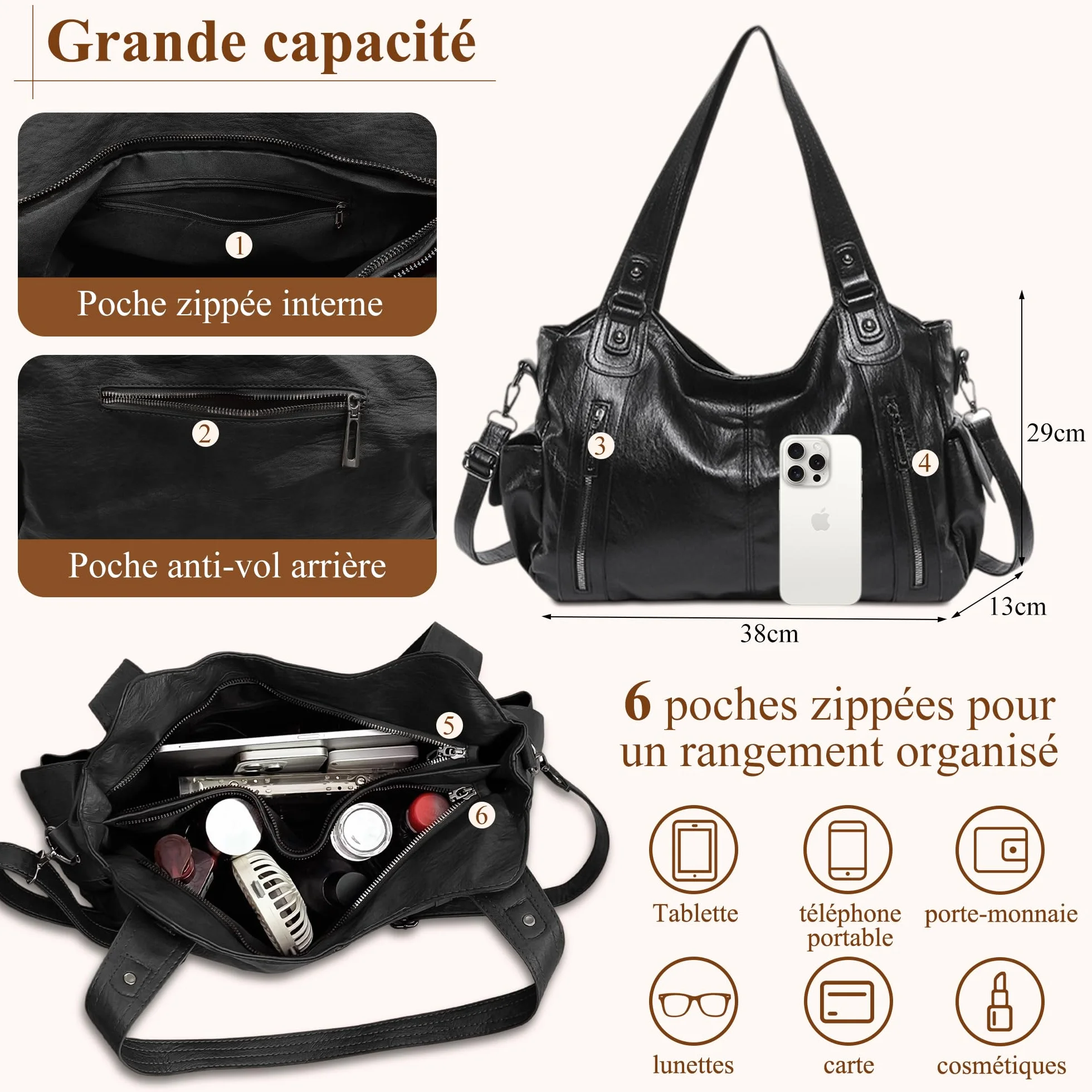 Sac À Main Femme PU Élégant Grande Capacité Sac Cabas Rigide Vintage Sac Bandoulière Ajustable Sac Épaule Mode Travail Voyage Quotidien
