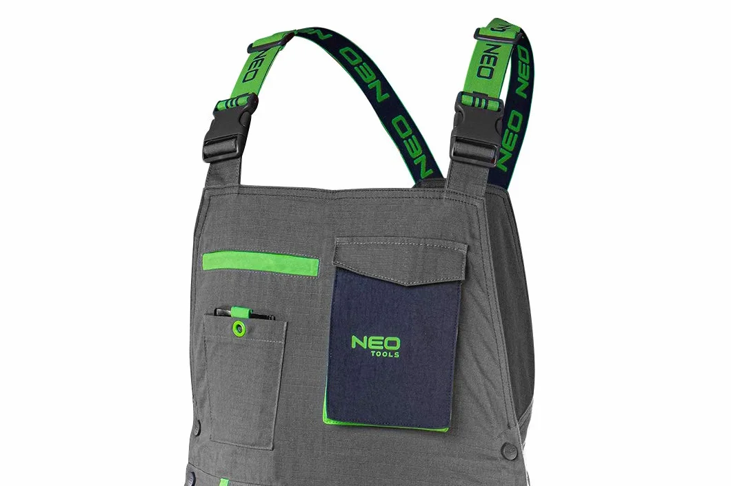 NEO TOOLS Salopette de travail de qualité supérieure pour homme, 100% coton, 210 g/m², Ripstop, taille XS-3XL, zone des genoux renforcés en Cordura, éléments réfléchissants (L)