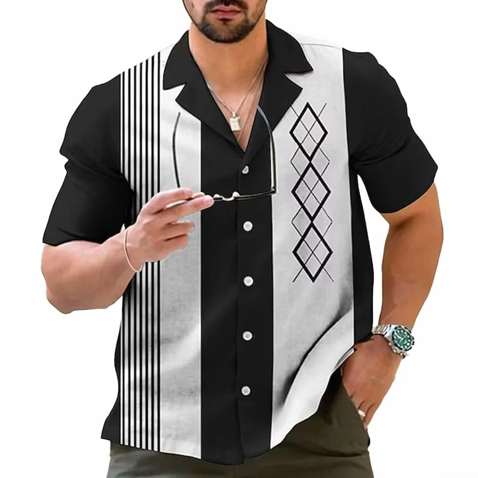Chemise de bowling rétro à rayures pour homme, style décontracté, vintage, manches courtes, boutonnée (XL noir)