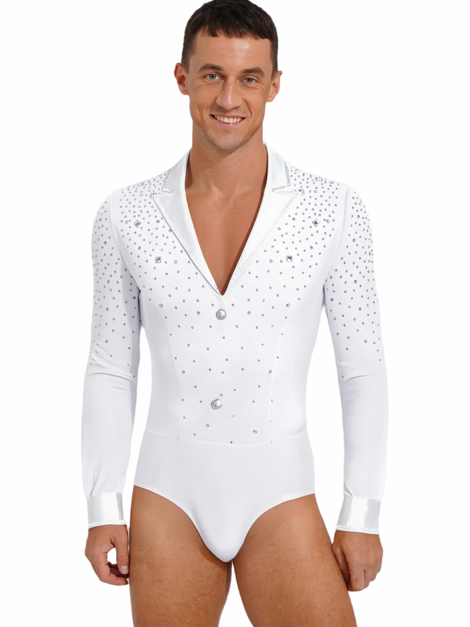 Oyolan Homme Justaucorps Danse Latine Moderne Jazz Salsa Cha Cha Body Gymnastique Bodysuit Patinage Artistique Manches Longues Strass