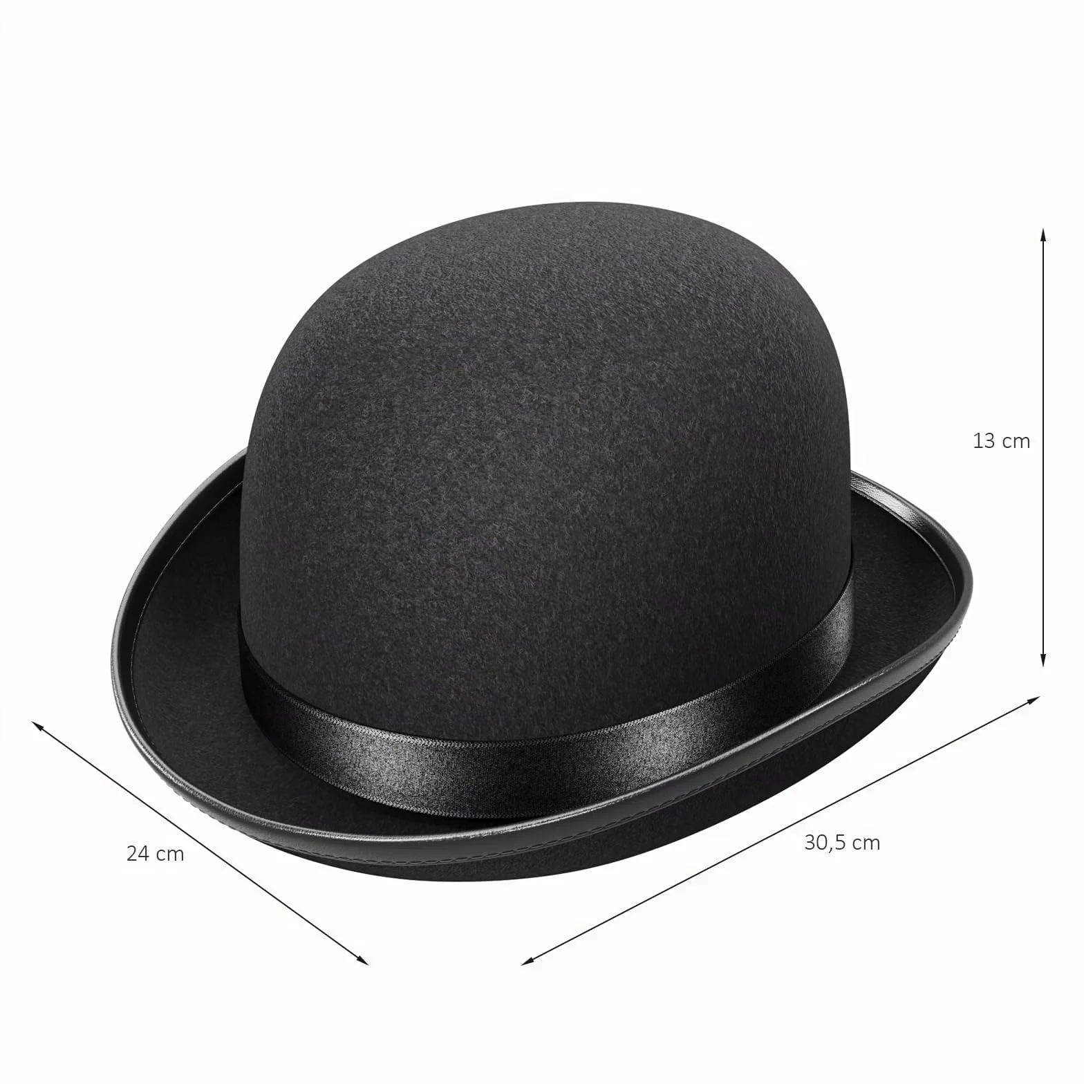 Chapeau melon noir adulte Bowler WELLGRO ruban satin 30,5 x 24 x 13 cm