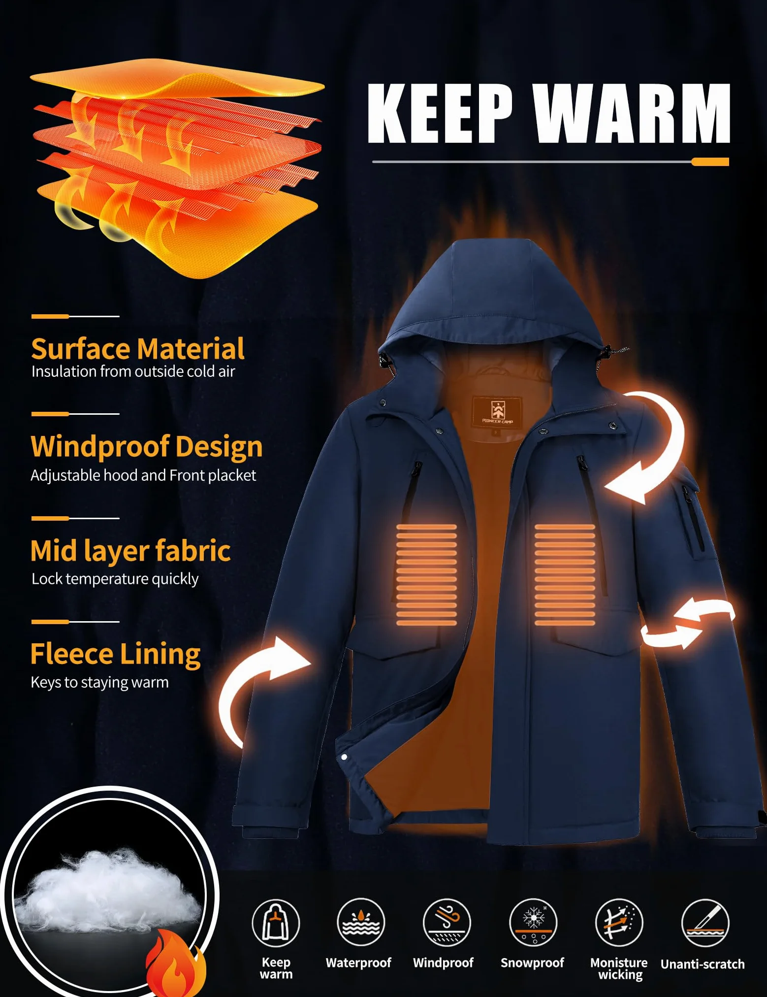 Pioneer Camp Manteau Homme Hiver Imperméable Doublé Polaire Chaud Veste avec 9 Poches Capuche Coupe-vent Isolée Homme Jacket Parka (S-XXL)