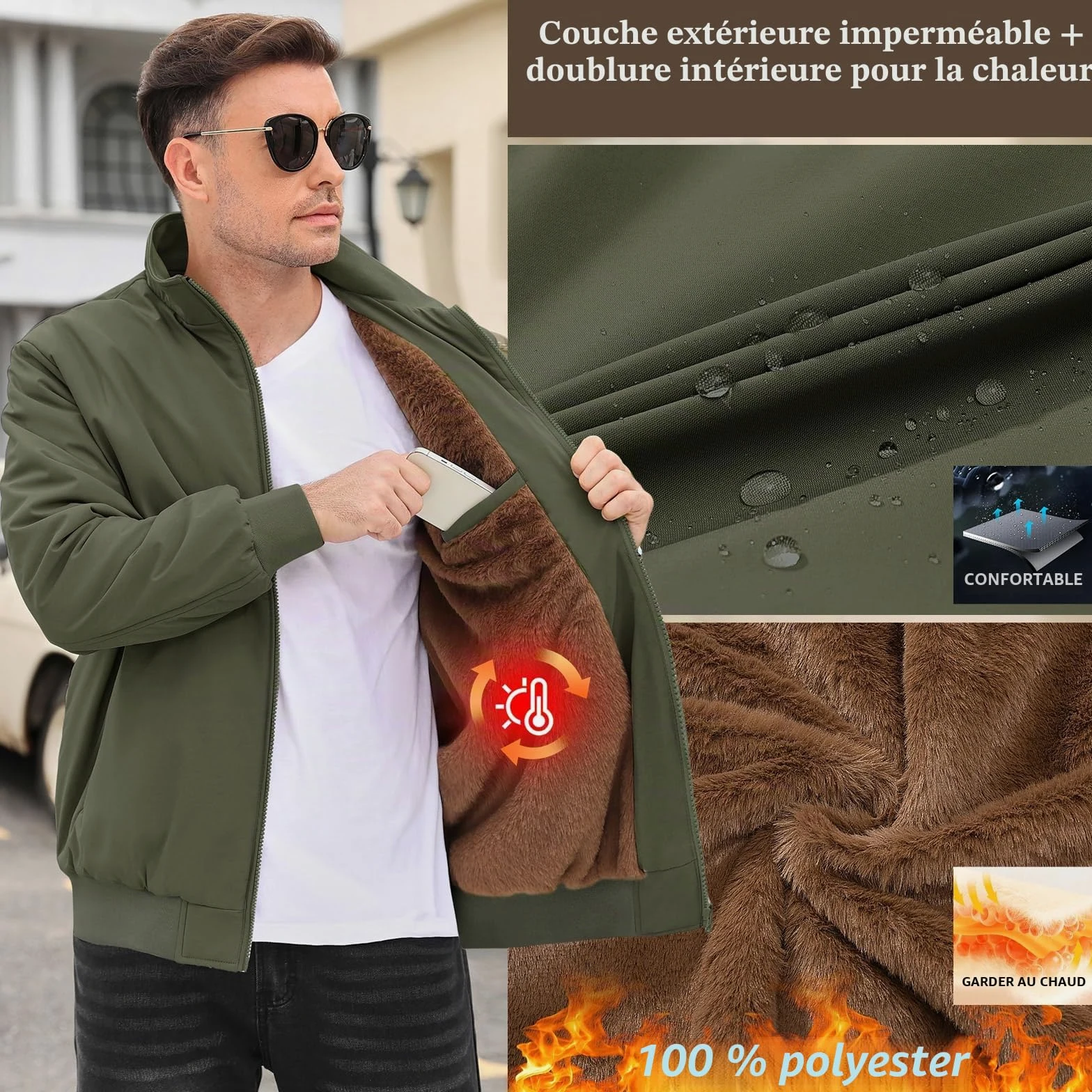 Xnova Blouson Bombers Homme d'hiver Chaud Blousons Aviateur Légère Doublée en Polaire Veste Imperméable mi Saison Thermique Bombardier Manteau Coupe Vent Zippée Travail