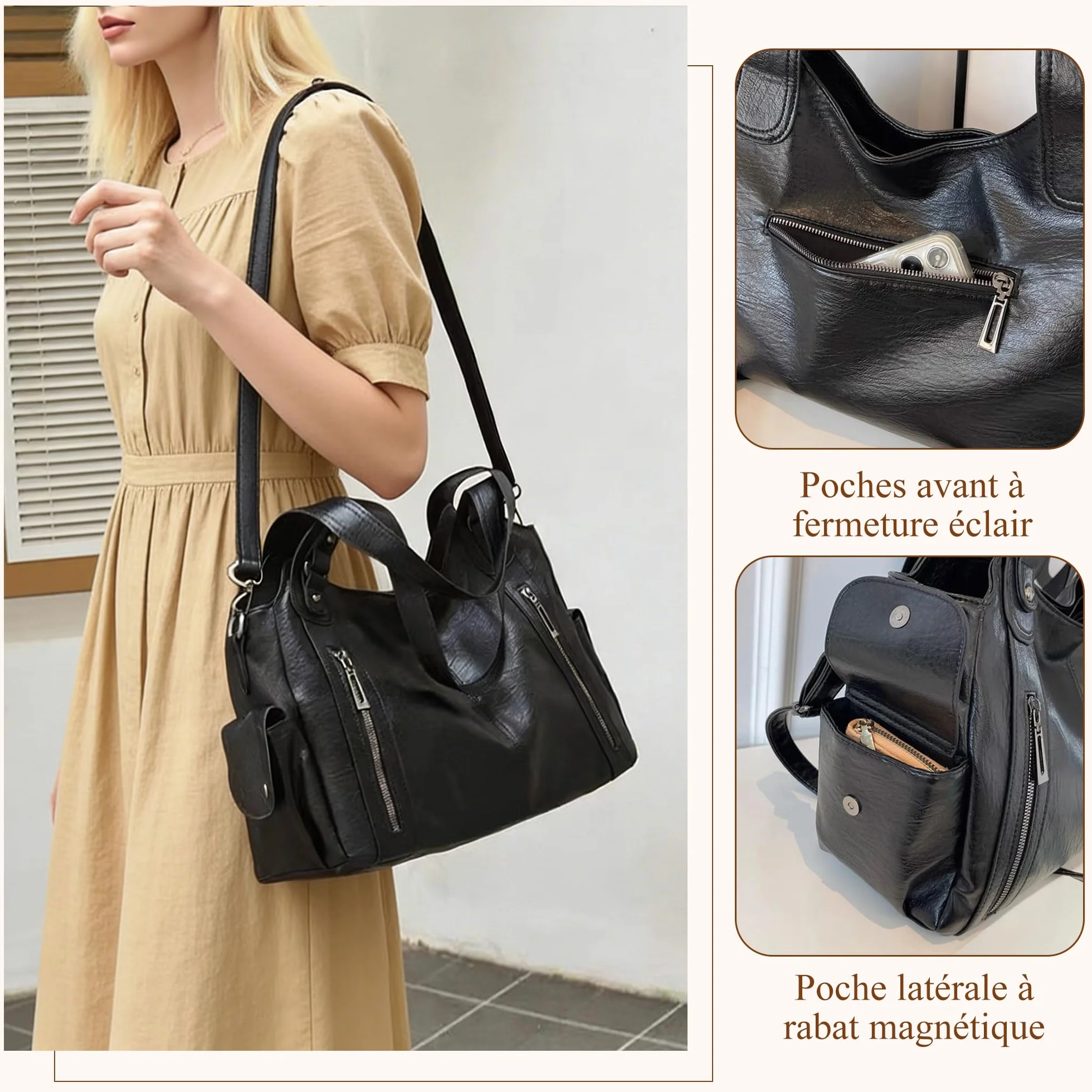 Sac À Main Femme PU Élégant Grande Capacité Sac Cabas Rigide Vintage Sac Bandoulière Ajustable Sac Épaule Mode Travail Voyage Quotidien