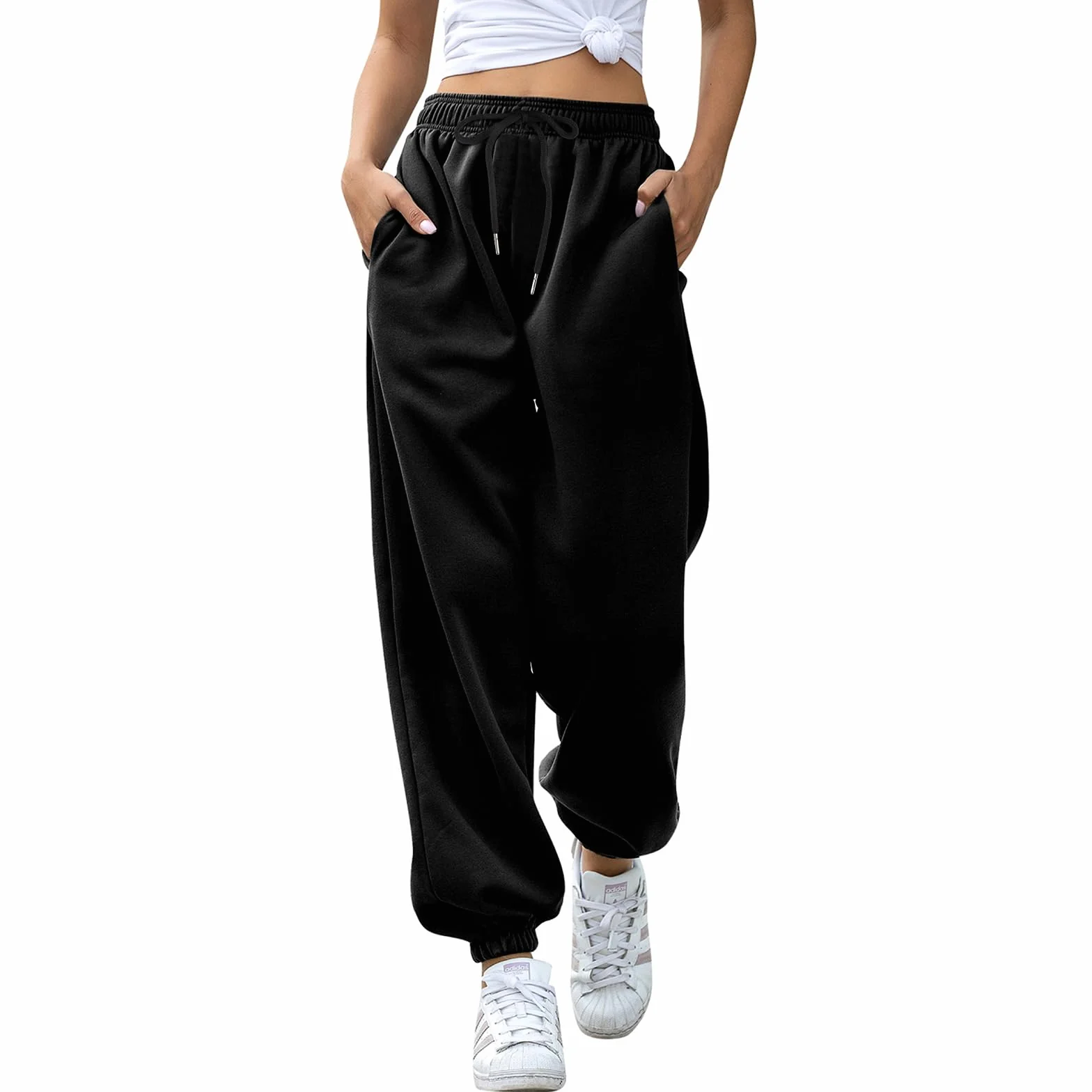 EBANKU Pantalon de survêtement pour Femme avec Poches - Pantalon de survêtement uni - Baggy - Taille élastique - pour Hip hop décontracté, Gym et Jogging