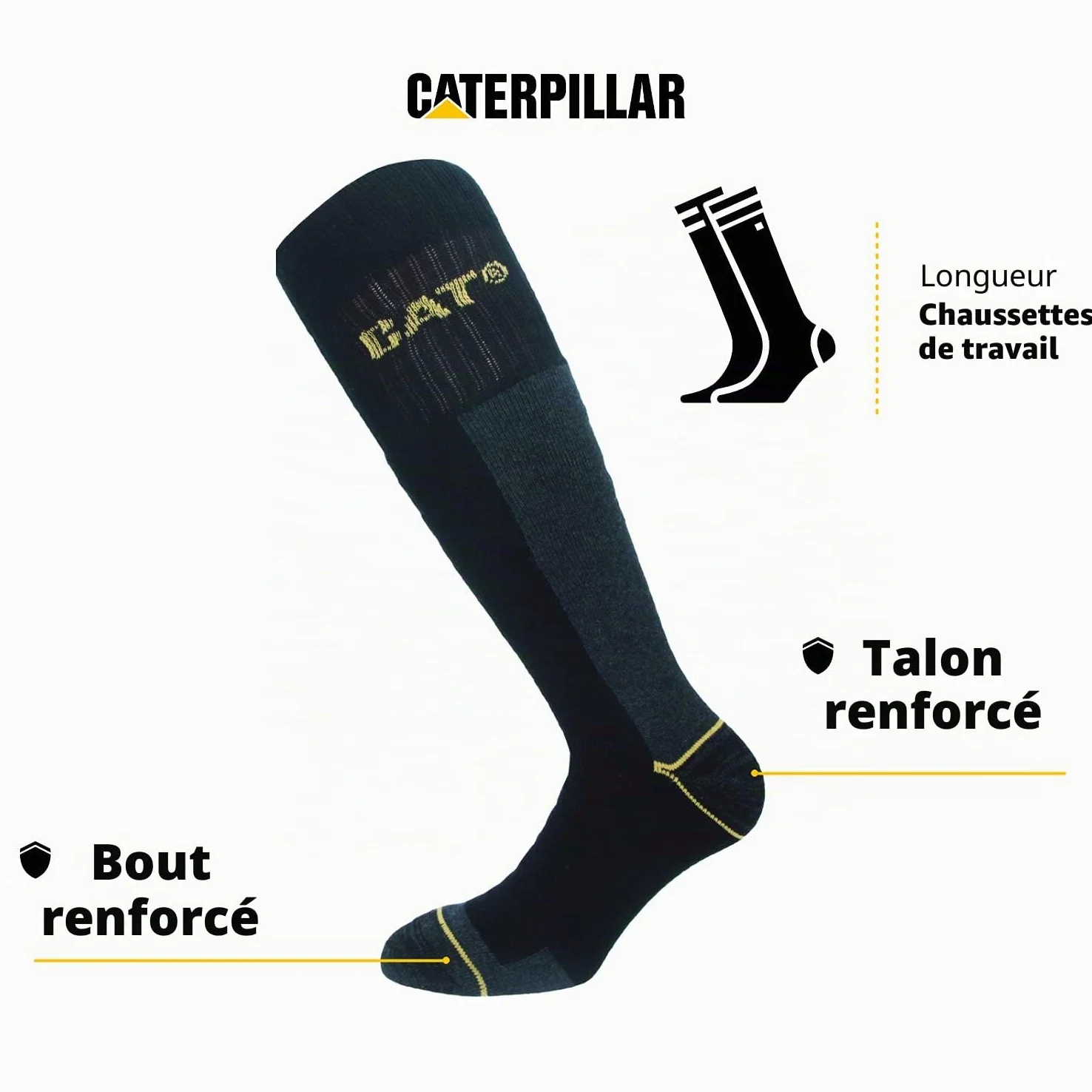 Caterpillar 4 Paires Chaussettes Longues Travail Hommes - Renforcées Talon et Pointe - Coton