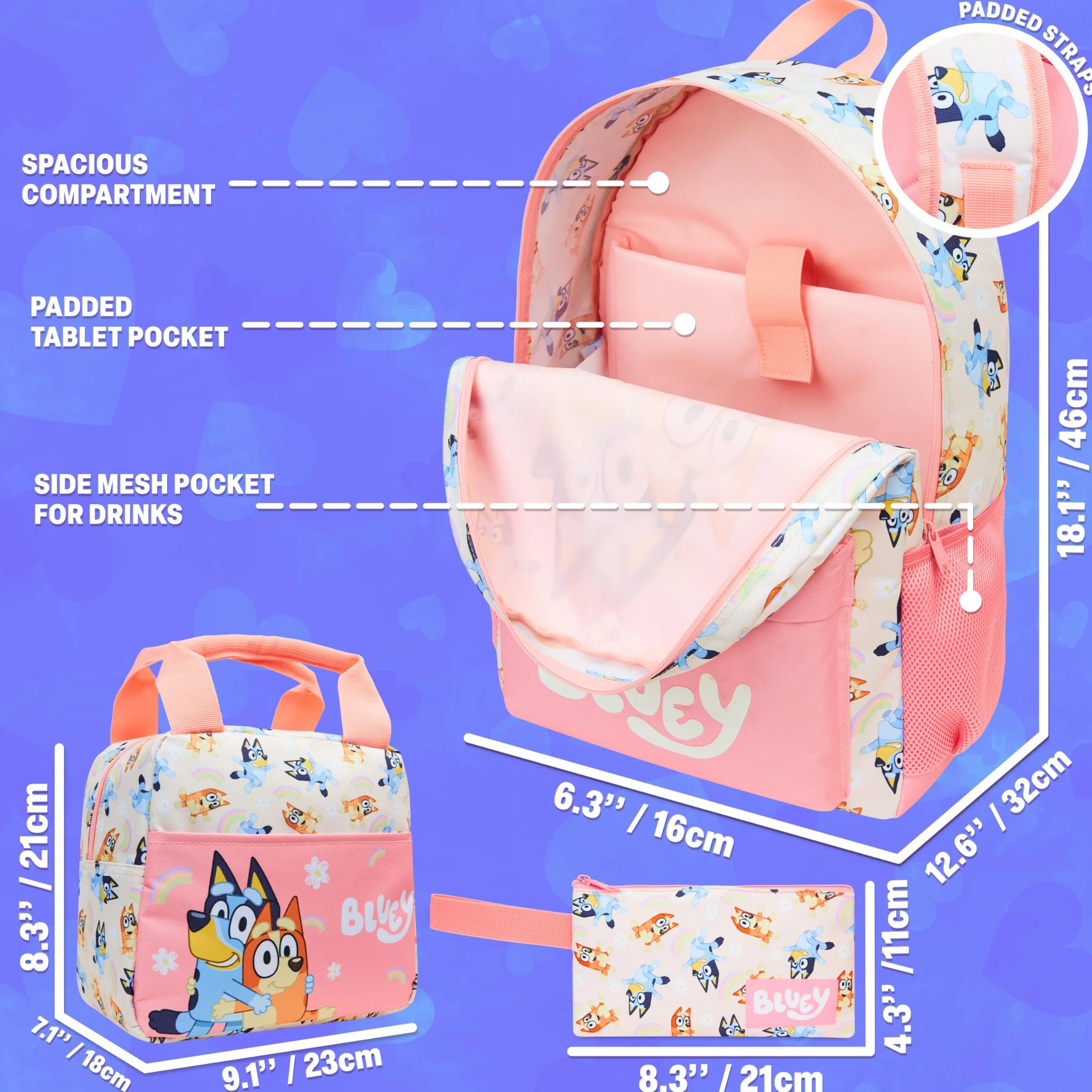 Sac à Dos Fille Bluey Set 3 Pièces Sac Isotherme Trousse Scolaire
