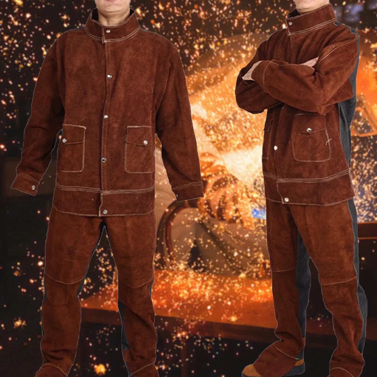 Veste de Soudage En Cuir, Pantalon, Veste de Soudeur En Cuir Résistant à La Flamme Costume, Salopette de Soudeur, équipement de Protection, Tablier de Soudager Résistant à La Chaleu, Brun, xl