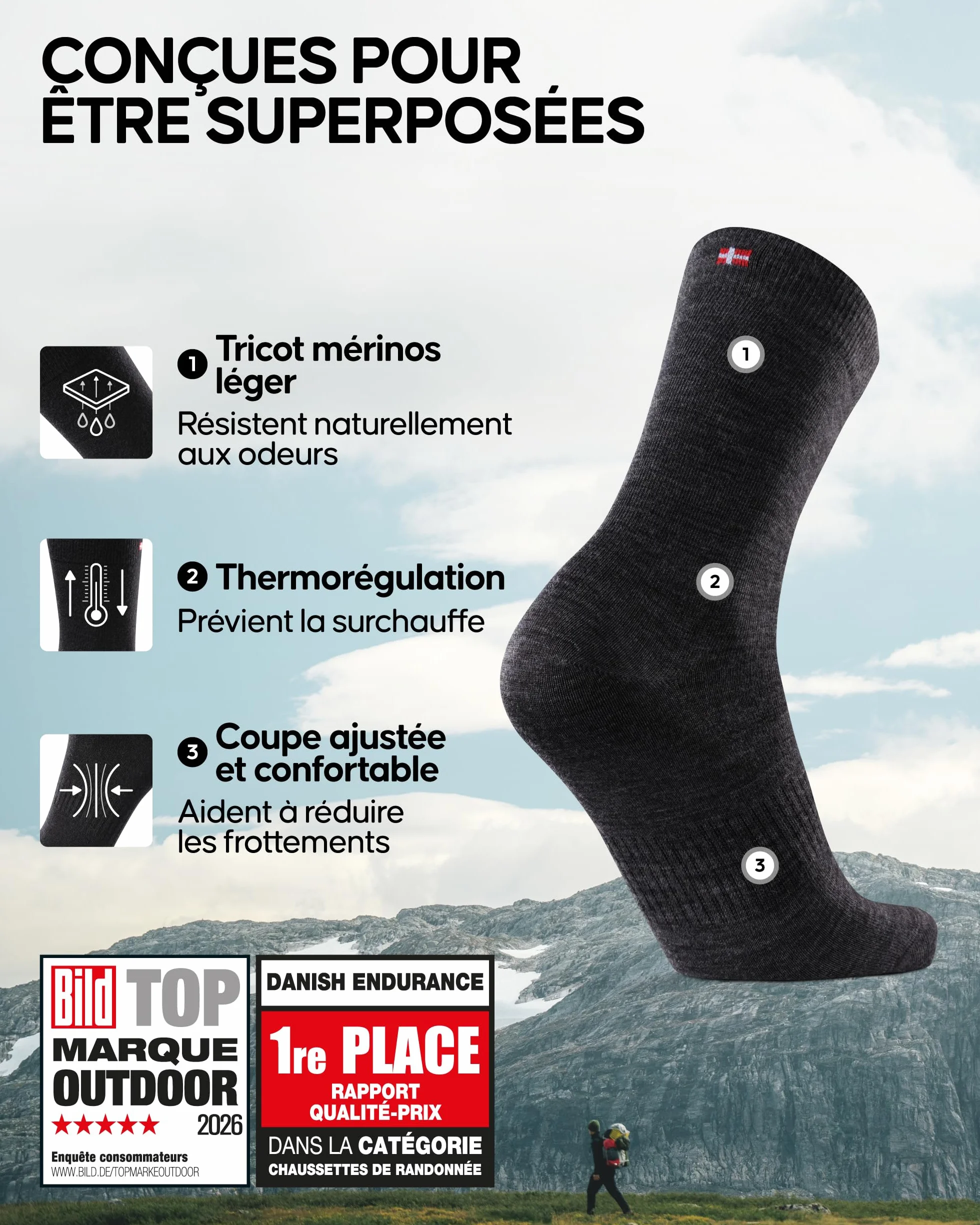 DANISH ENDURANCE Chaussettes de Randonnée en Laine Mérinos, Anti-ampoules, Respirantes et Évacuant l'Humidité pour Hommes et Femmes, Unisexes, Lot de 2 ou 4