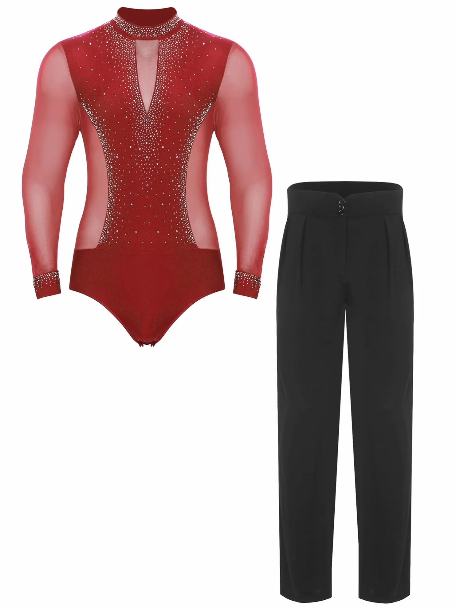 ranrann Ensemble Tenue Patinage Artistique pour Homme Justaucorps Strass Manches Longues et Pantalon Costume Danse Gymnastique