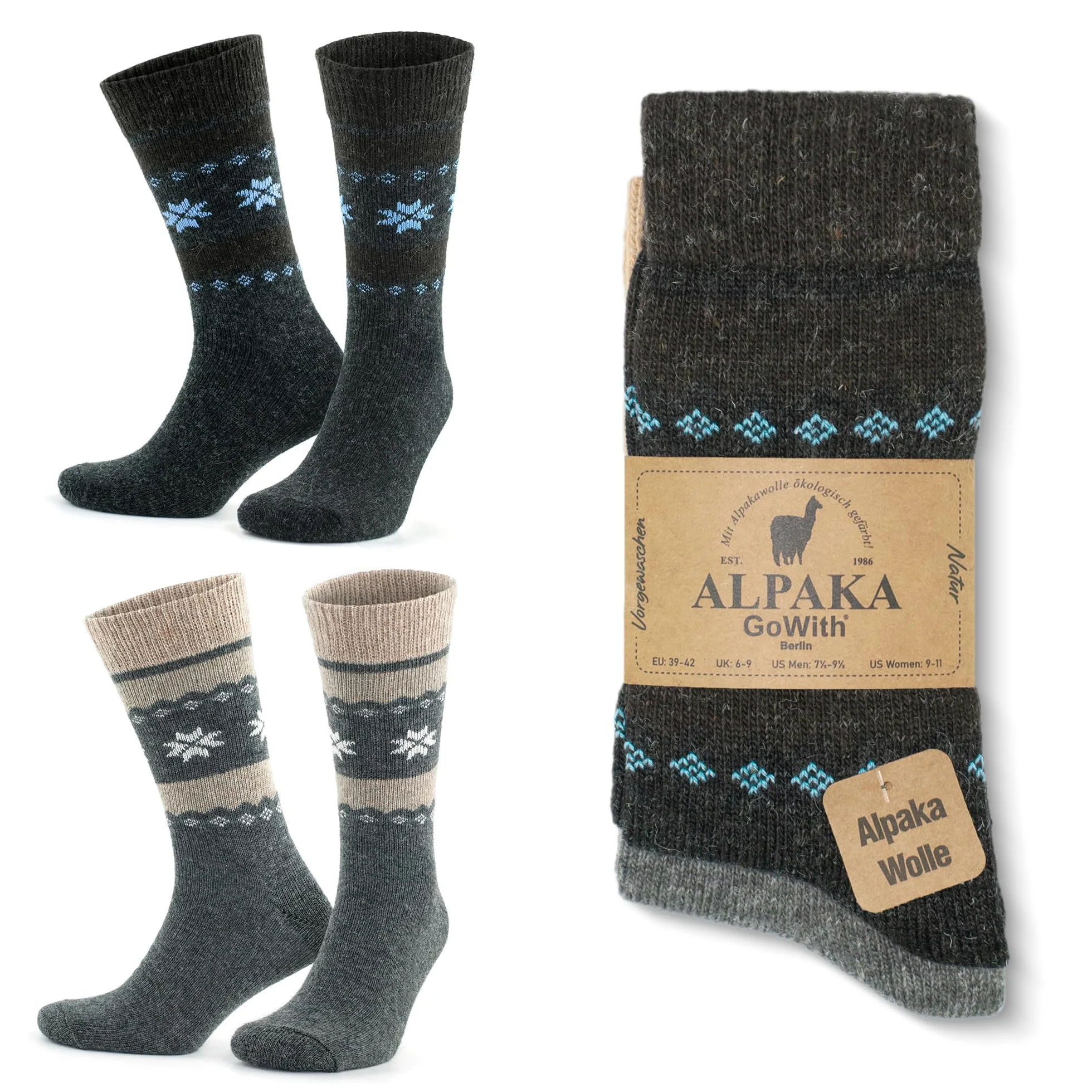 GoWith Alpaca Wool Socks for Men and Women, Unisex Thermal Crew Socks for Hiking, Work, Outdoor, Mod:3097, 2 Pairs