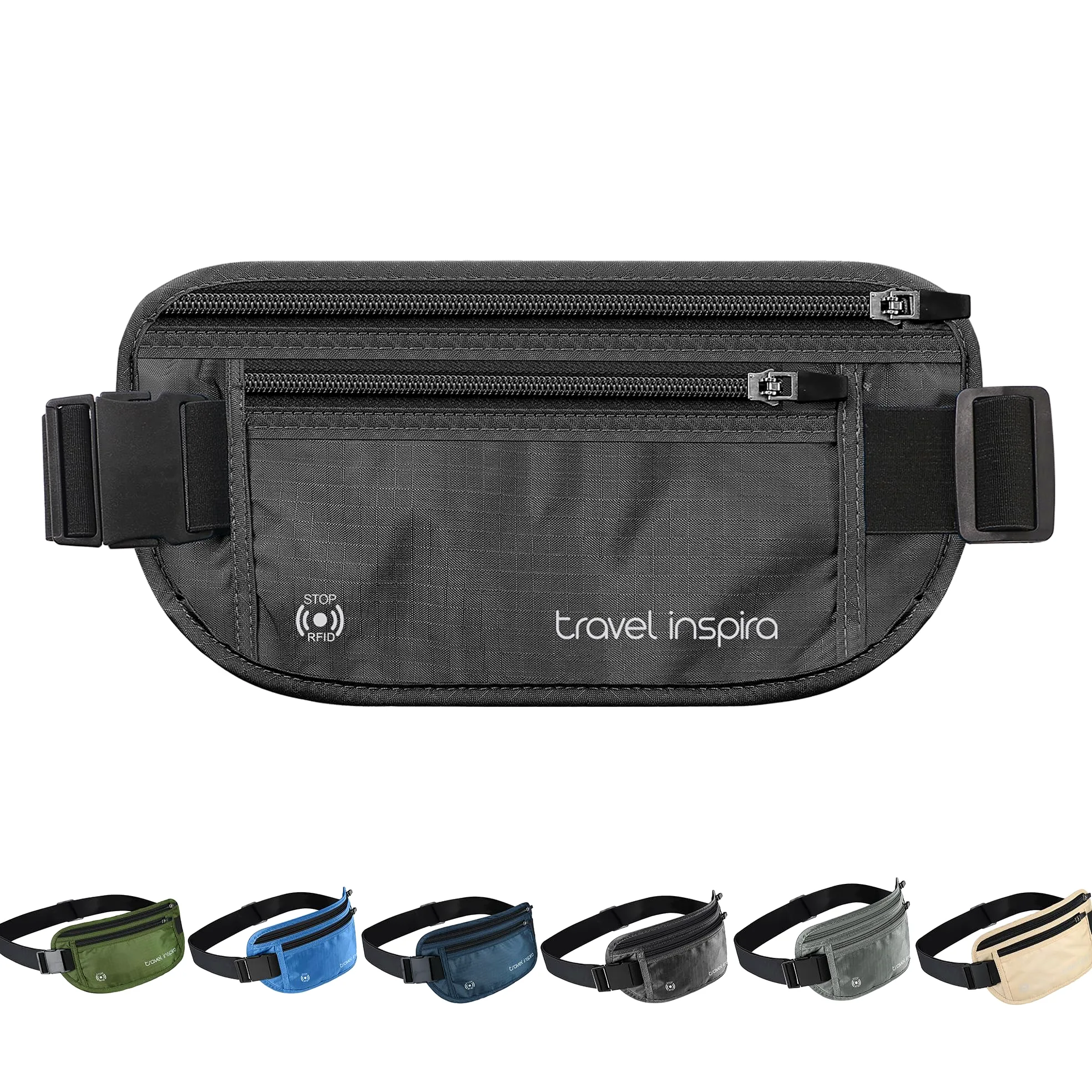 travel inspira Pochette Passeport de Voyage, Banane Antivol (Noir) | Blocage RFID, Ultra-fin, Ceinture Réglable, Tissu Respirant, Léger, Confortable, Pochette Secrète Invisible, Déperlant