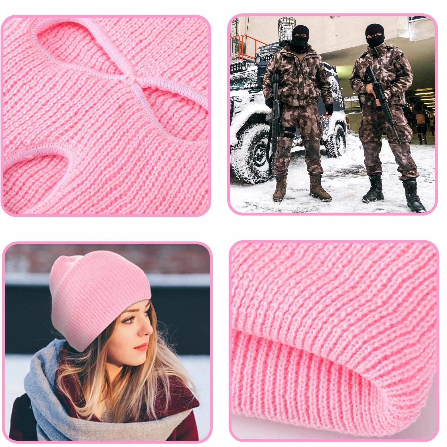 Masque de ski, cagoule avec trois ouvertures, masque de ski respirant pour les sports d'hiver et la moto, cagoule tricotée en deux pièces en noir et rose clair