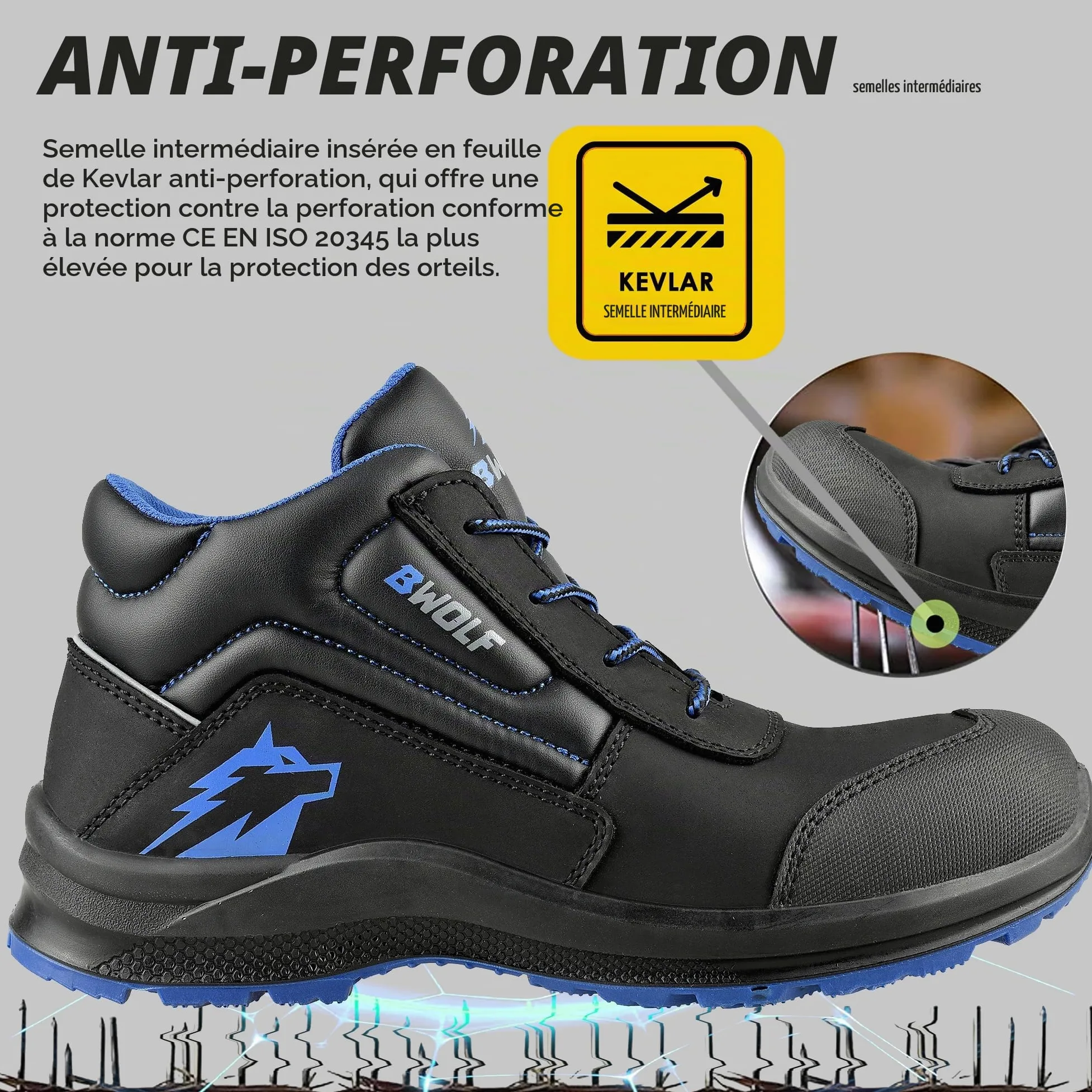 BWOLF Spire S3 Chaussures De Travail Homme Hautes Chaussure De Securite Femmes Unisex, Imperméables, Résistantes À l'huile, 4x4 Grip, Bleu Noir Haut, 44 EU