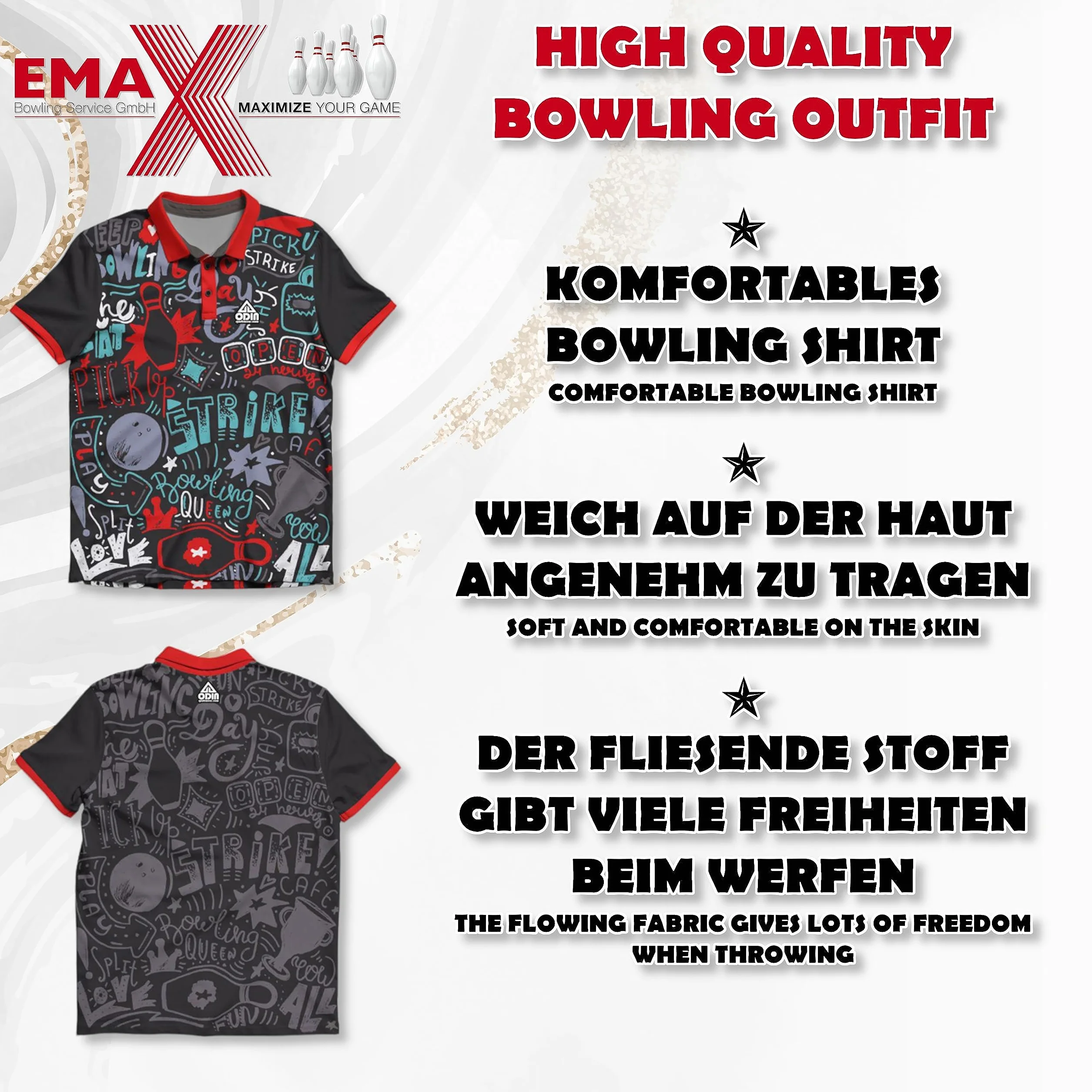 EMAX ODIN Sportswear - T-shirt de bowling - T-shirt pour joueur de bowling - T-shirt de sport pour homme - Chemise de bowling avec imprimé