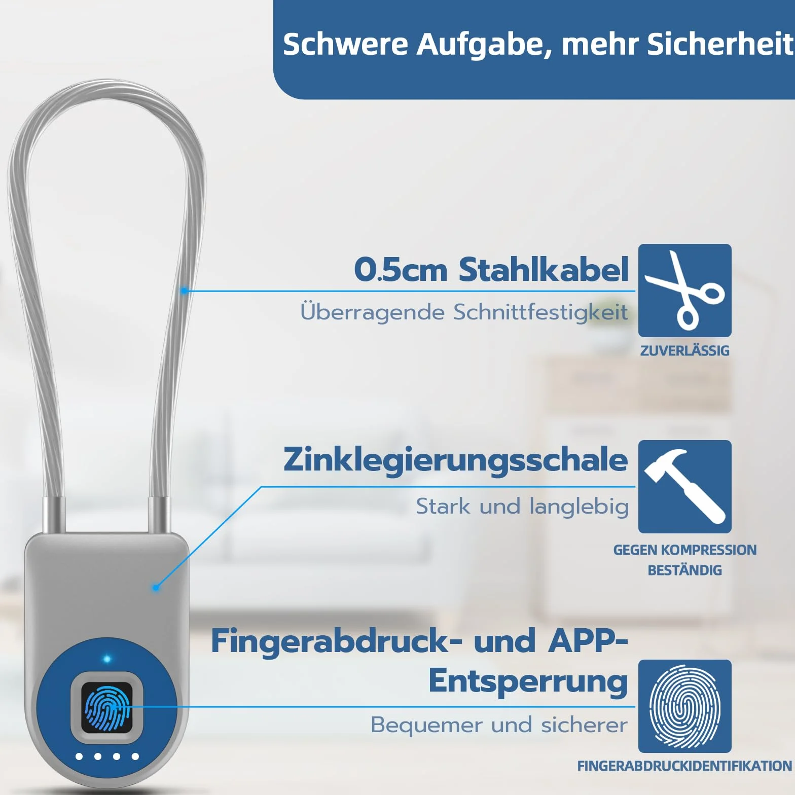 Anweller Cadenas à empreintes digitales avec câble antivol 22 cm pour vélo scooter électrique