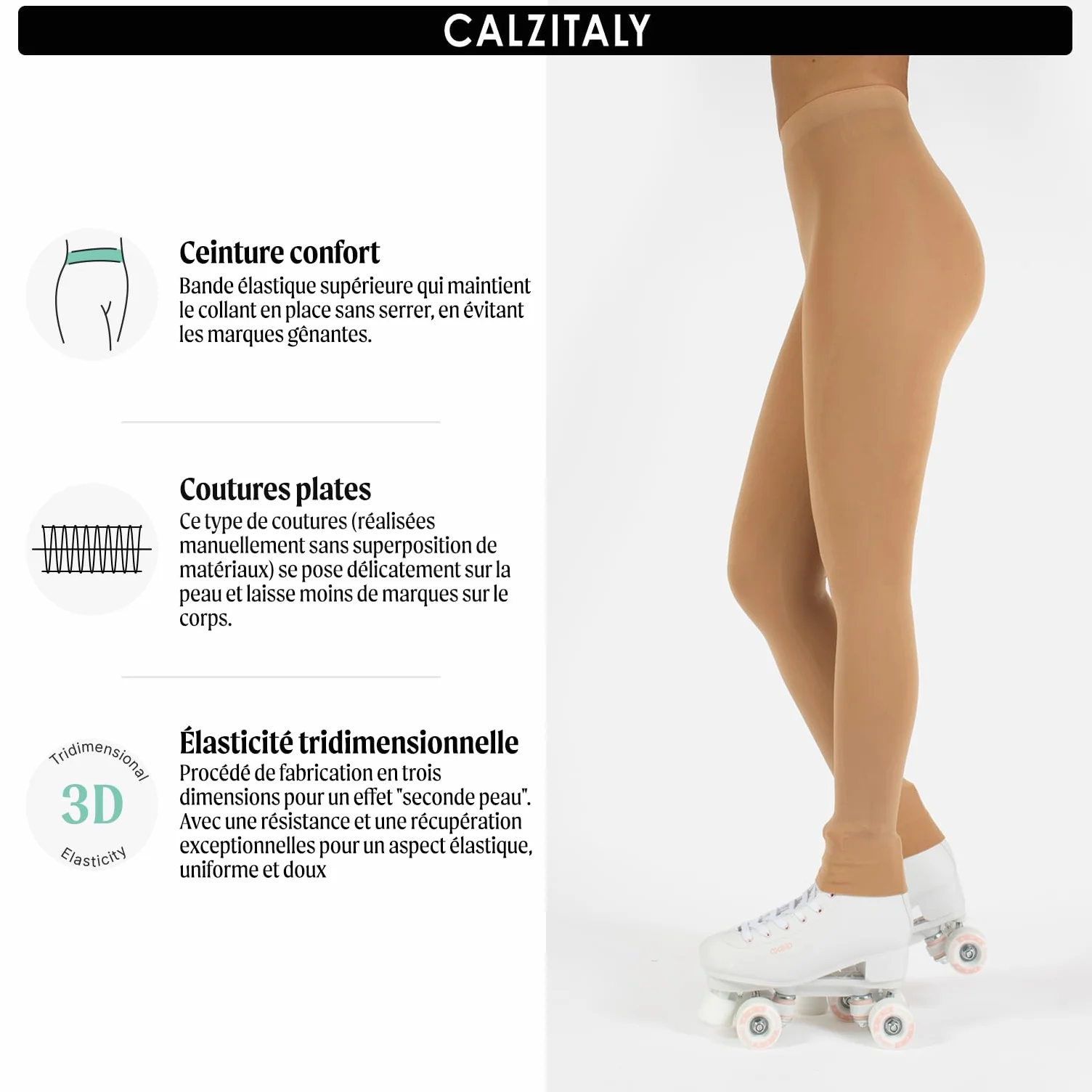 CALZITALY Collants de Patinage Artistique pour Femme, Collants sans Pieds, Leggings de Patinage, Leggings Opaques, 80 DEN, fabriqués en Italie