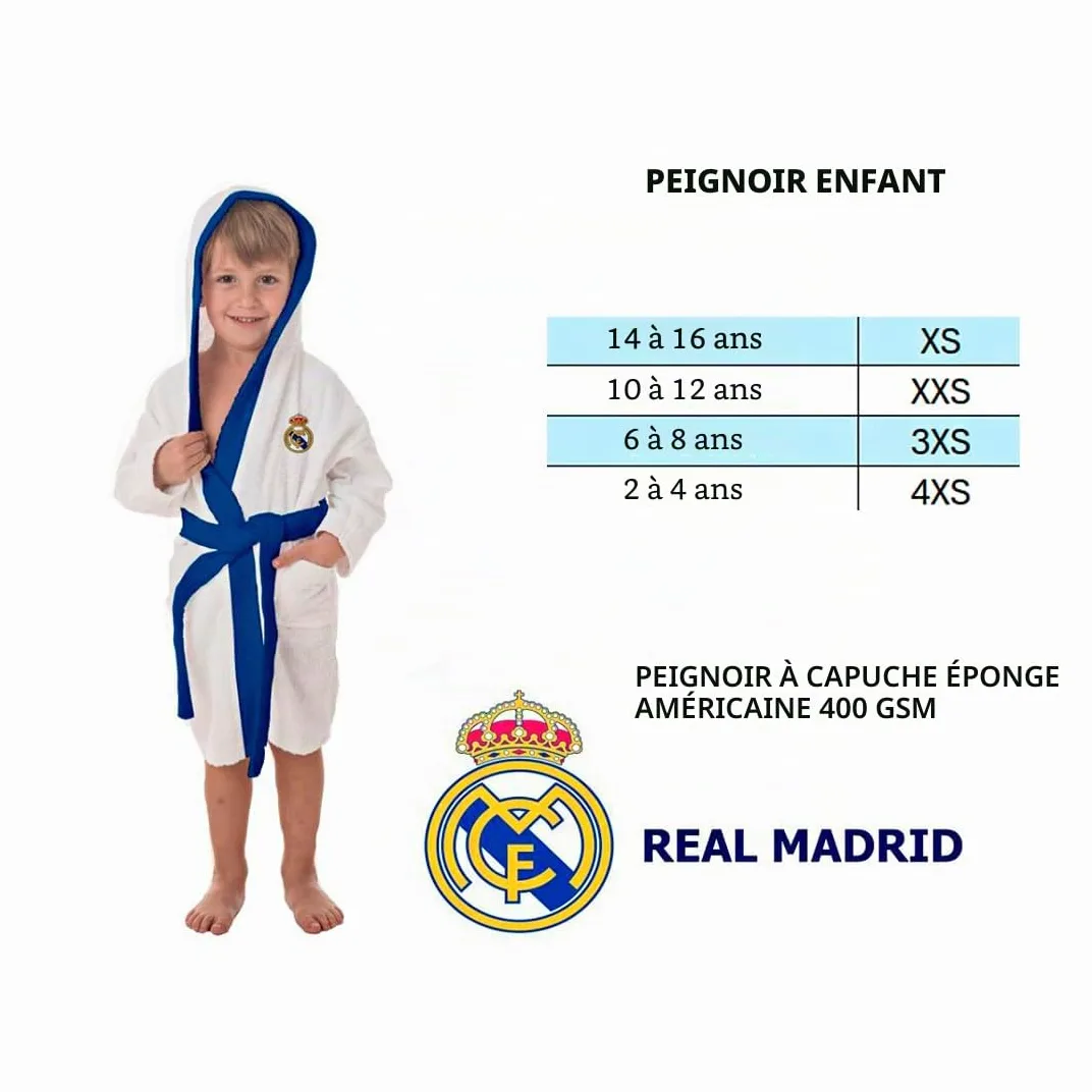 Peignoir Real Madrid avec Capuche pour Enfants et Ados – Robe de Chambre en Coton Doux, Idée Cadeau Football Supporters, Taille XXS, Blanc Éclatant