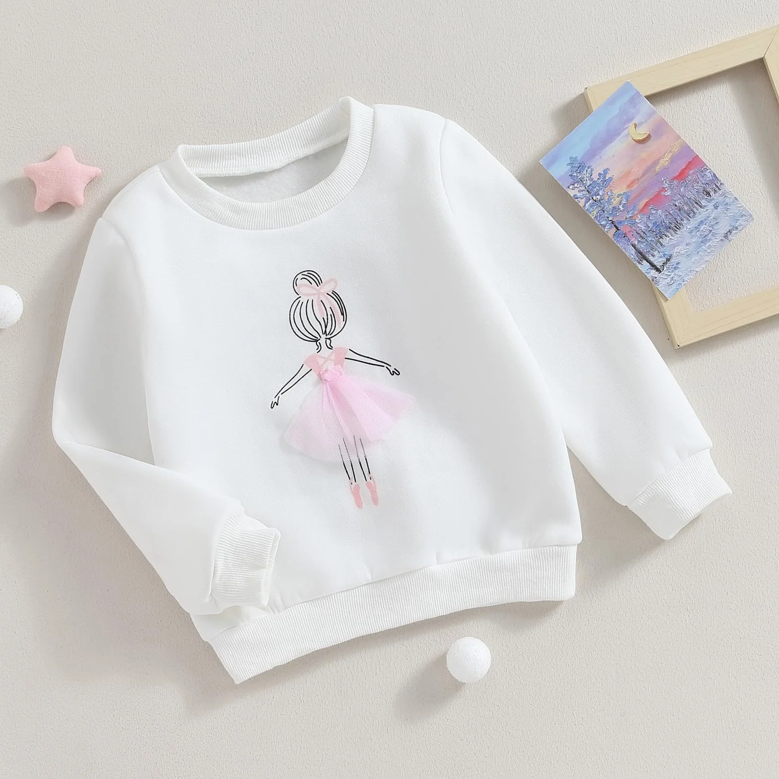 Carolilly Sweat-Shirt Fillette à Manches Longues Chaud Imprimé Fille de Ballet, Vêtement Haut Enfant Fille Automne Hiver (3-7 Ans)