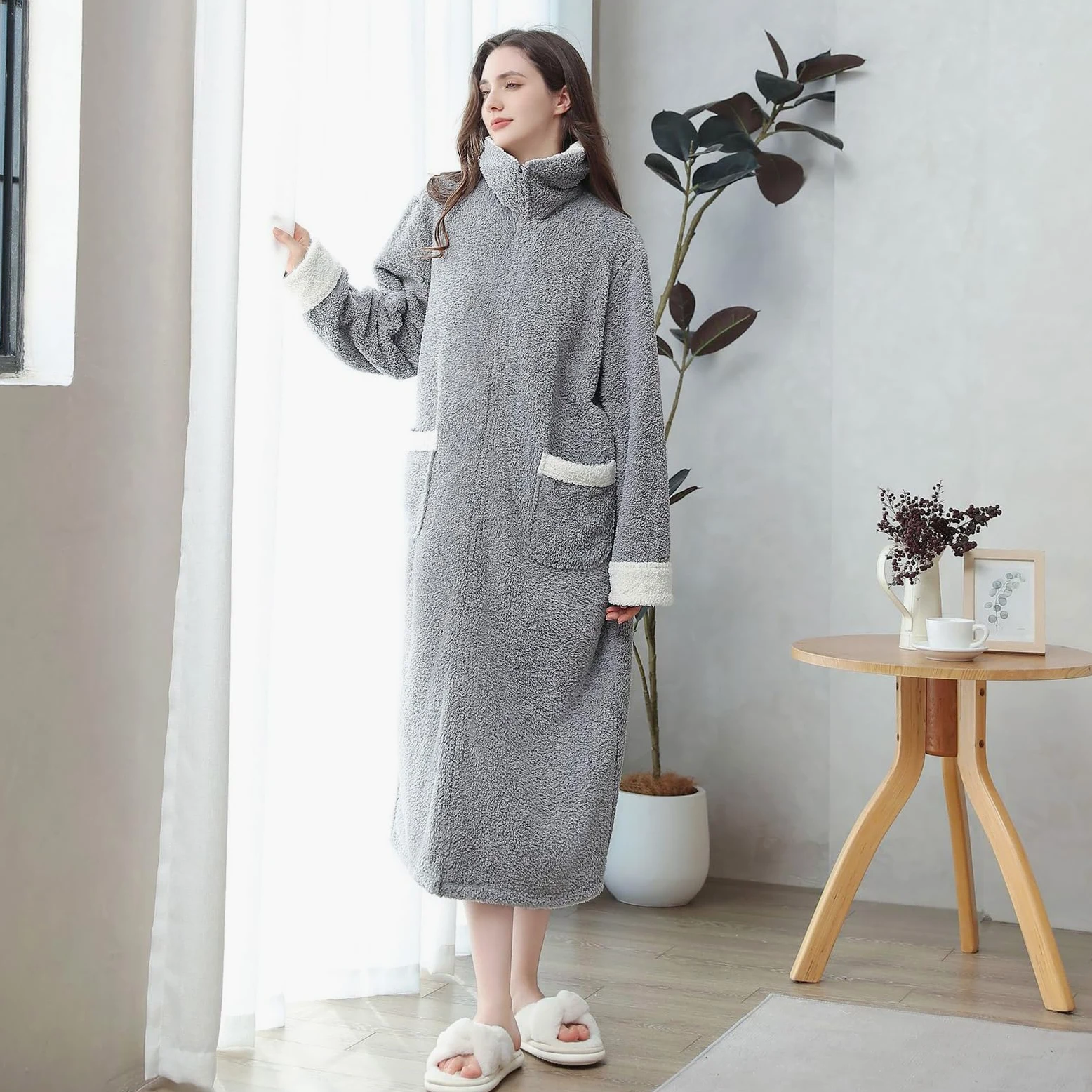 rismart Femme Peignoir Moelleux Col Carré Pleine Longueur Robe de Chambre Mesdames Robe du Matin avec Fermeture Eclair