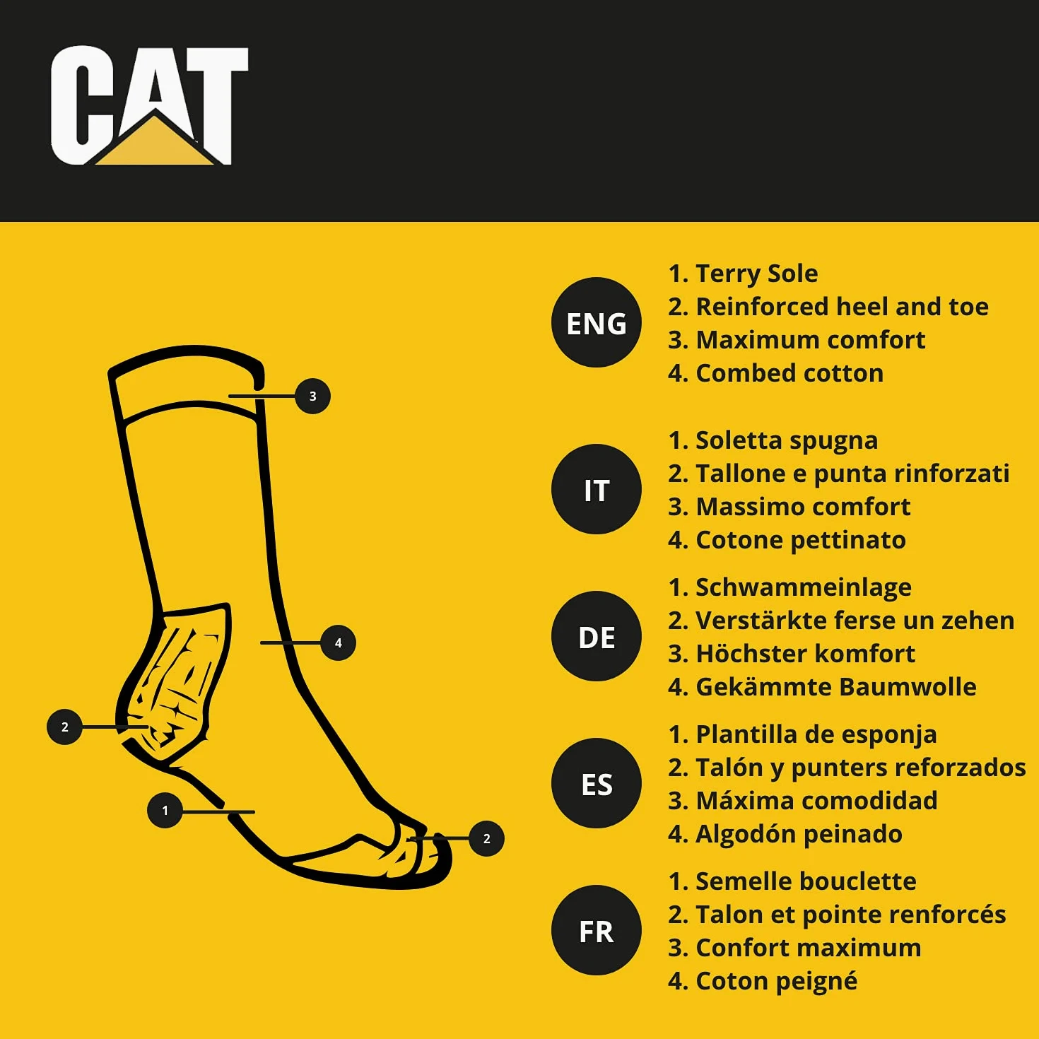 Caterpillar Performance Socks 10 Paires Chaussettes pour Homme, Semelle Intérieure et Cou de Pied en Eponge, Pointe et Talon Renforcés, Coton