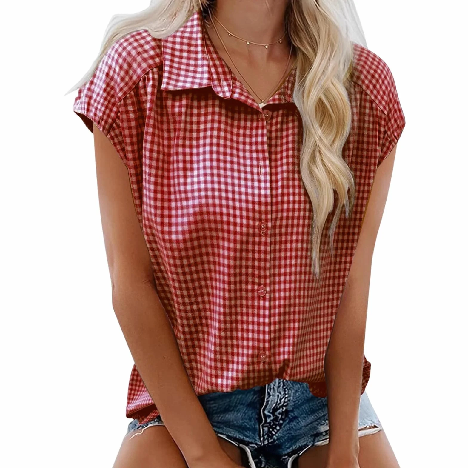 Chemise A Carreaux Femme Col Revers- Chemise Manche Courte Coupe Slim Décontracté Classiques Confortable Vintage Blouse Chic Et Élégants De Tous Les Jours Passe-Partout Basique Haut