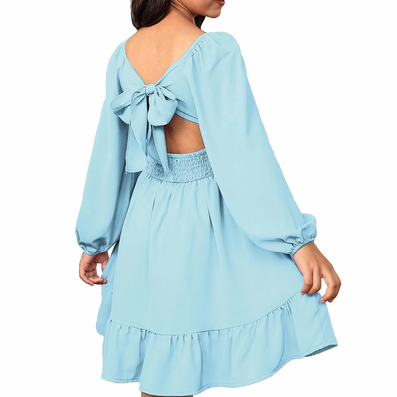 Robe trapèze à manches longues col carré pour fille taille haute plissée plage vacances mariage