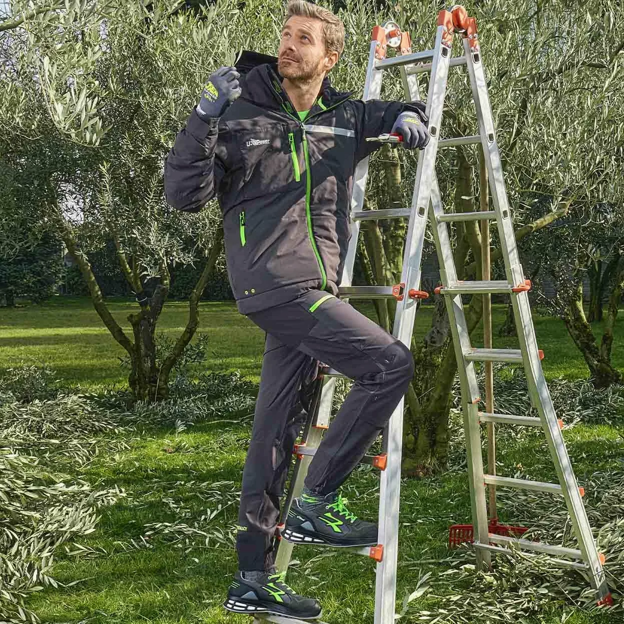 U-Power Don't Worry... BE Happy! - Pantalon de Travail en Tissu Stretch avec Poches, Coupe Jogging Horizon Asphalt Grey/Green, Pantalon de Travail décontracté pour Homme