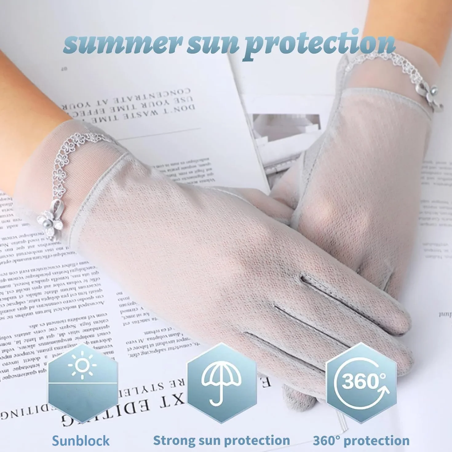 Women Summer Sun Protection Gloves,1 Pair Ice Silk Lace Non Slip Driving Gloves,Full Finger Touchscreen Sunblock Gloves Mittens for Riding Cycling Hiking Fishing Outdoor Activities