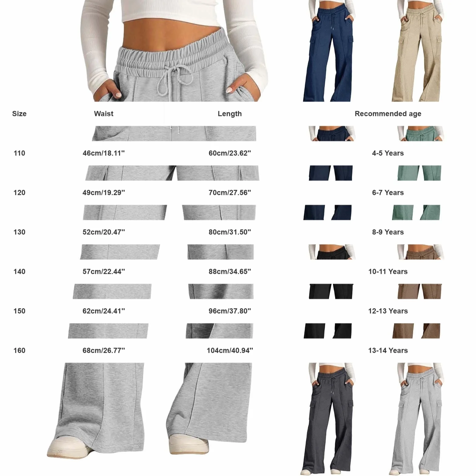 Pantalon de jogging cargo taille haute pour filles - Pantalon de survêtement à jambe droite - Taille élastique - Pantalon de survêtement hip-hop avec poches