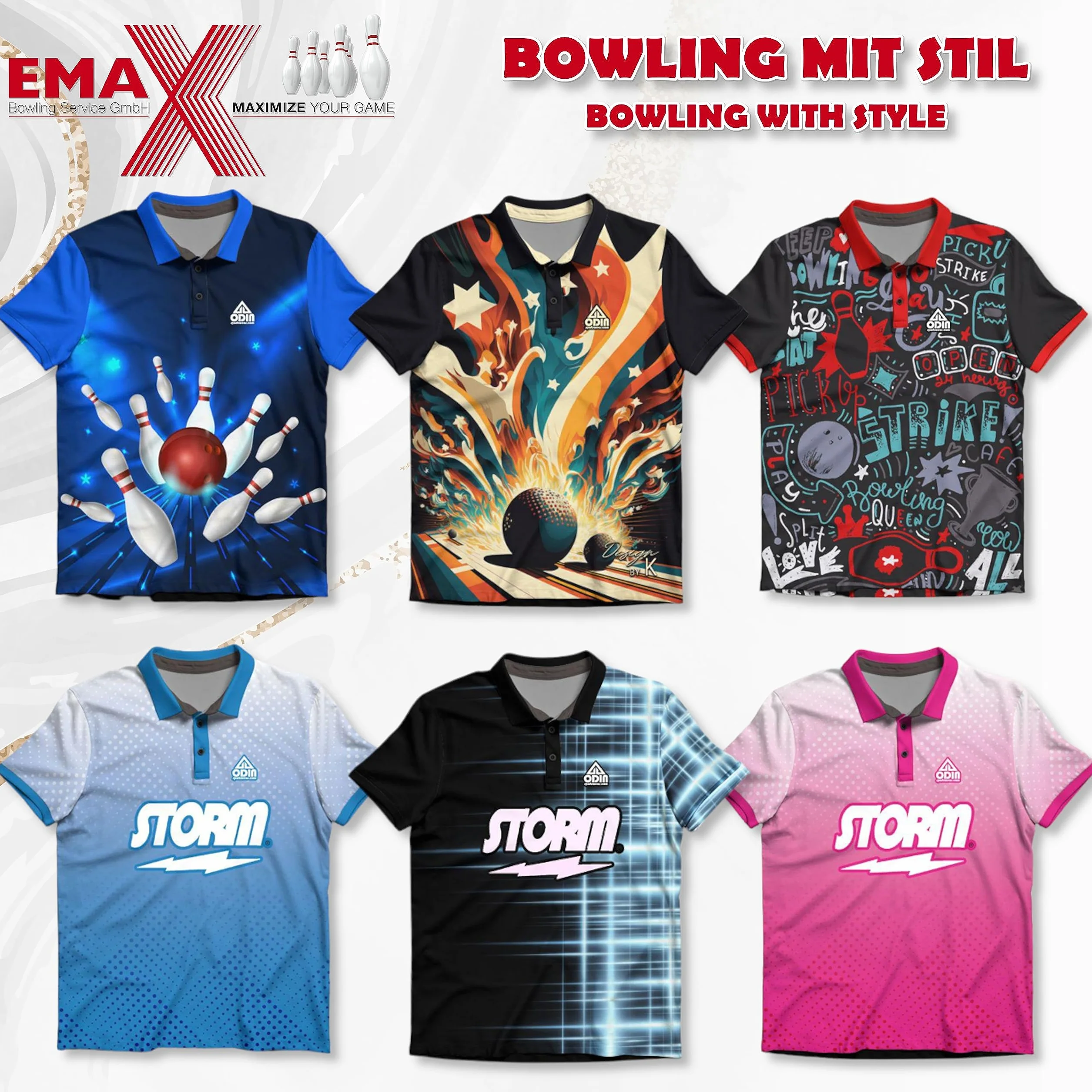 EMAX ODIN Sportswear - T-shirt de bowling - T-shirt pour joueur de bowling - T-shirt de sport pour homme - Chemise de bowling avec imprimé