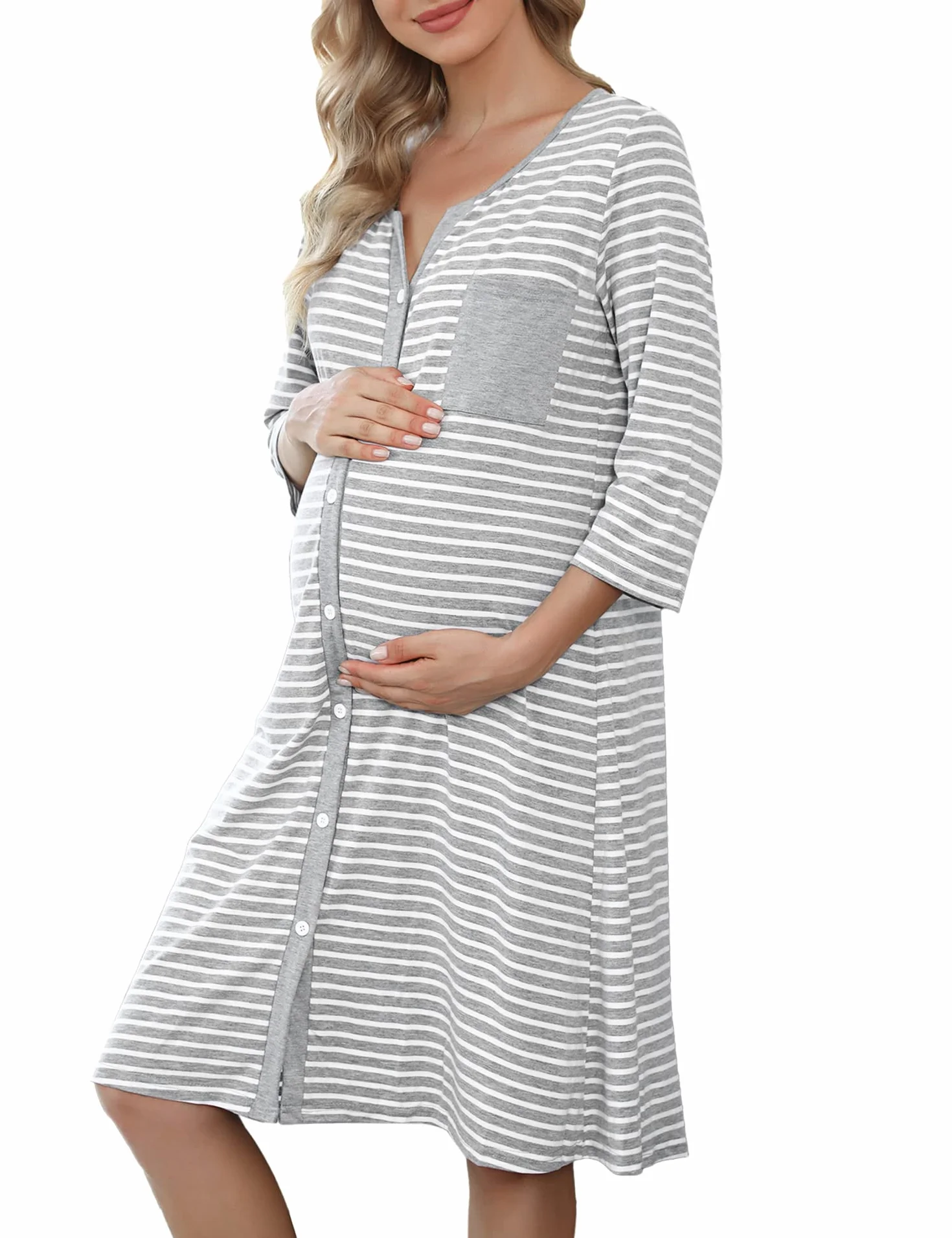 Marvmys Chemise de Nuit Allaitement Maternité 3/4 Manche Rayé Boutonnée Robe de Nuit pour Grossesse Femme