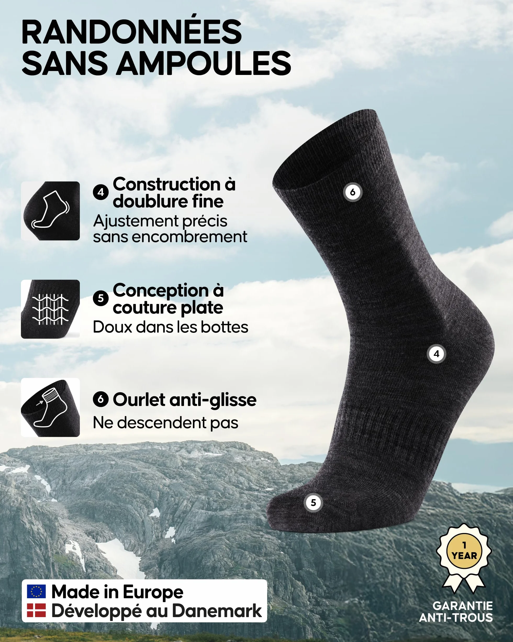 DANISH ENDURANCE Chaussettes de Randonnée en Laine Mérinos, Anti-ampoules, Respirantes et Évacuant l'Humidité pour Hommes et Femmes, Unisexes, Lot de 2 ou 4