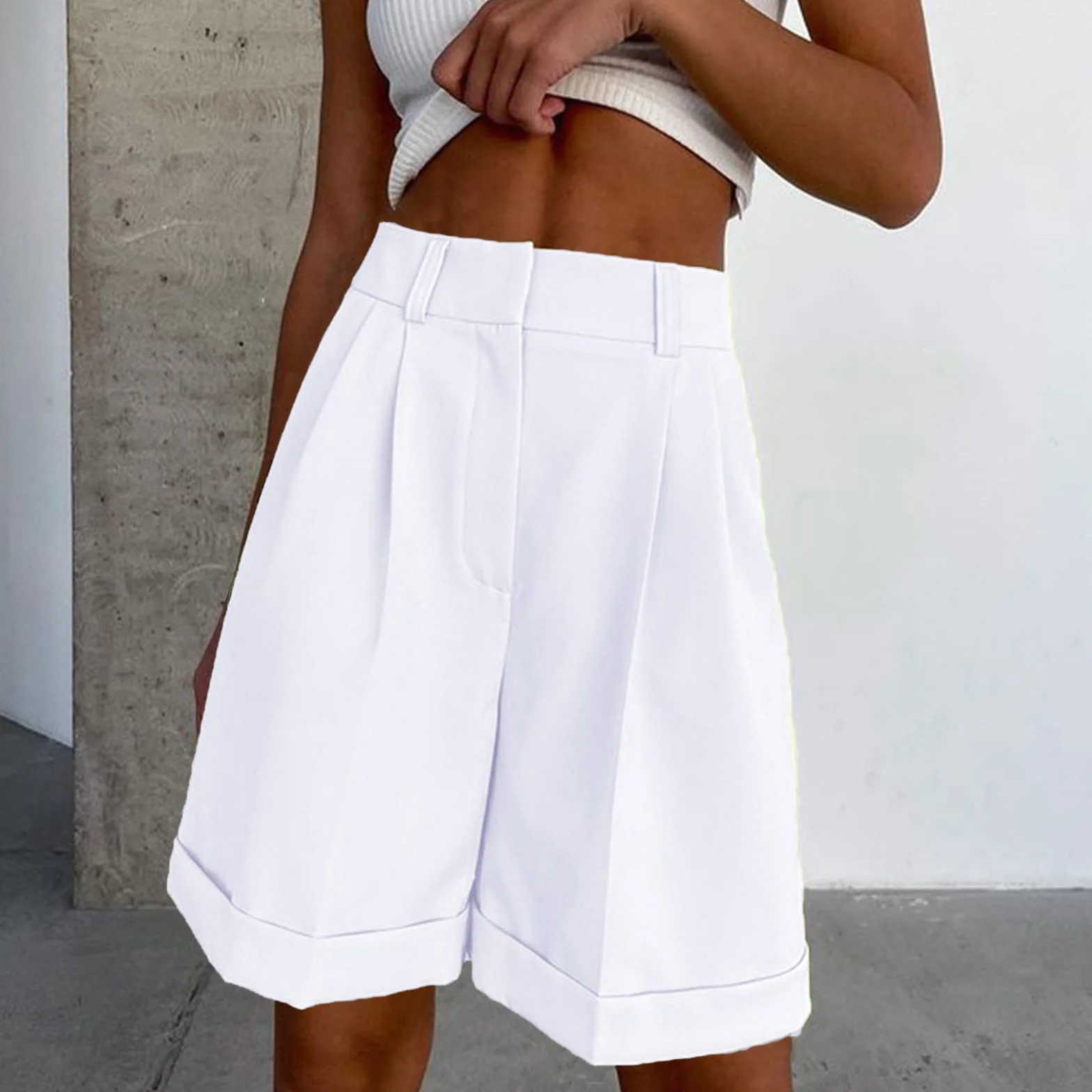 Short habillé décontracté pour femme - Jupe large - Short d'affaires court et élégant - Bermuda taille haute - Longueur genou - Short d'été confortable pour un usage quotidien