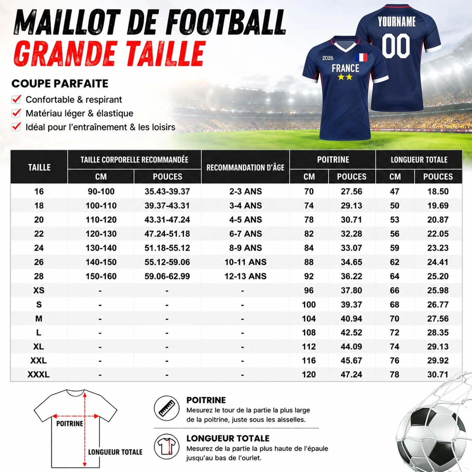 Maillot France 2026 Maillot de Foot Enfant Personnalisé avec Nom et Numéro T-Shirt de Football pour Homme Garçon Adulte, Confortable Respirant, Cadeaux de Football Personnalisés