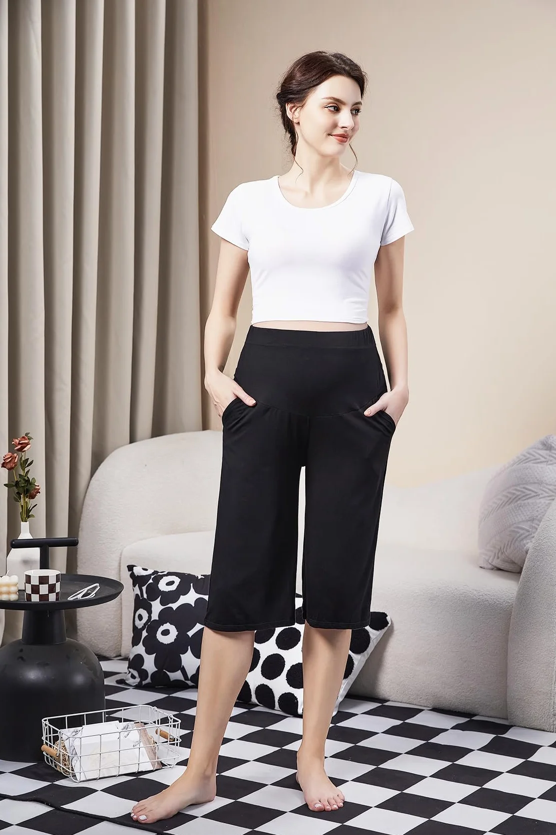 Pantalon Capri de Maternité, Capri Court de Grossesse en Viscose, Pantalon Léger Décontracté Doux au Toucher avec Poches