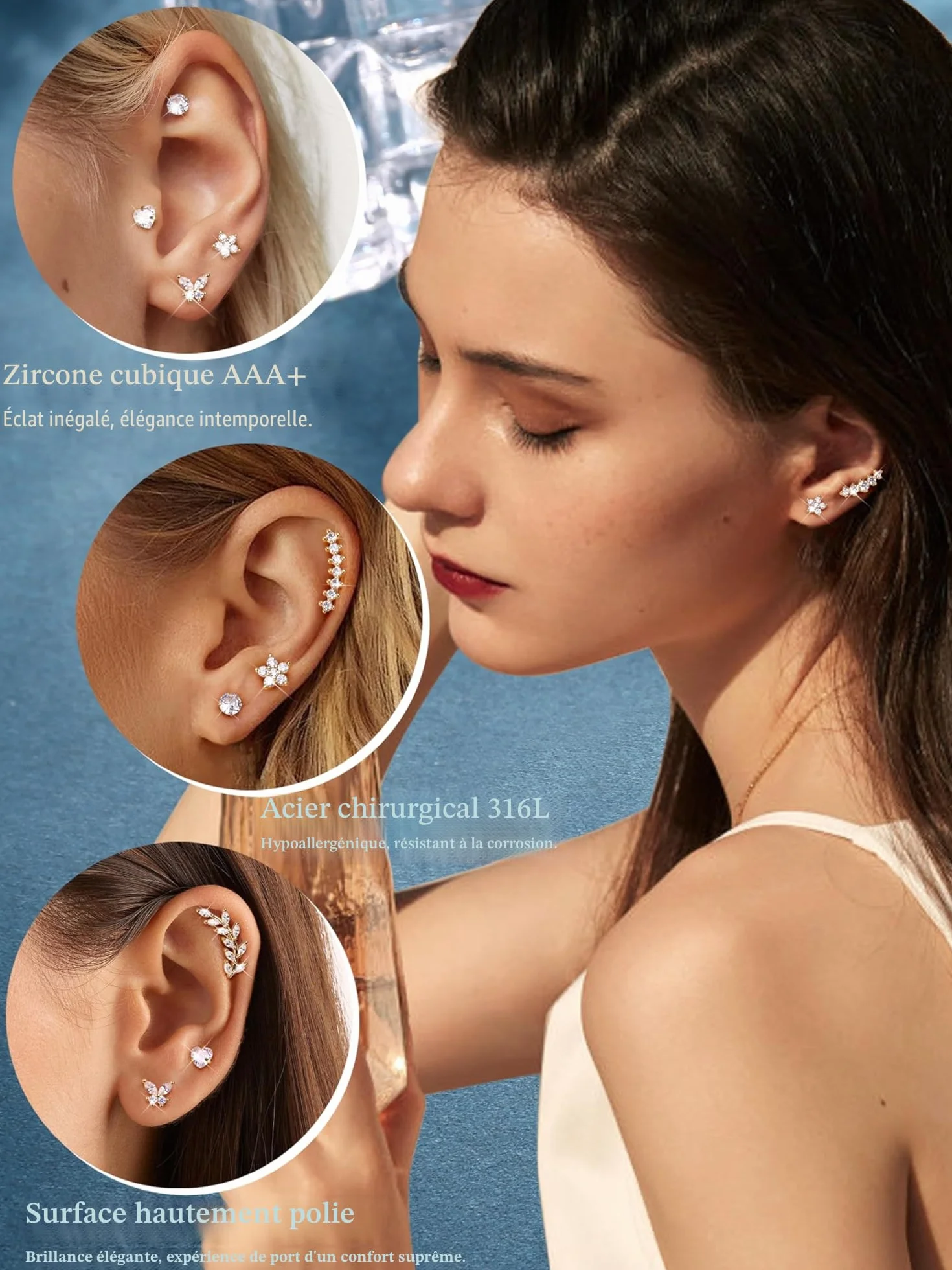 Diamday 9Pcs Boucles d'Oreilles Femme Acier Inoxydable Piercing Tragus Helix Hypoallergène Piercing Oreille Or Argent Boucles d'Oreilles Oreille Piercings Conch Tragus Helix Piercings