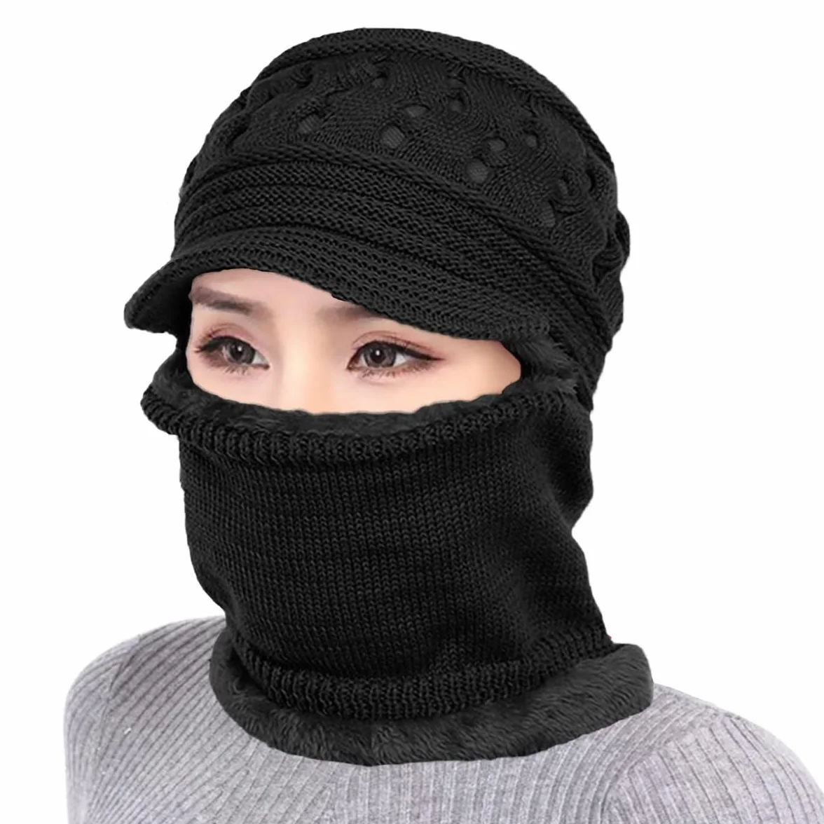 Rayson Cagoule Femme Hiver Tricoté Chaud Bonnet avec Cache Cou Doublé Polaire Unisexe Balaclava pour Ski Sports de Plein Air
