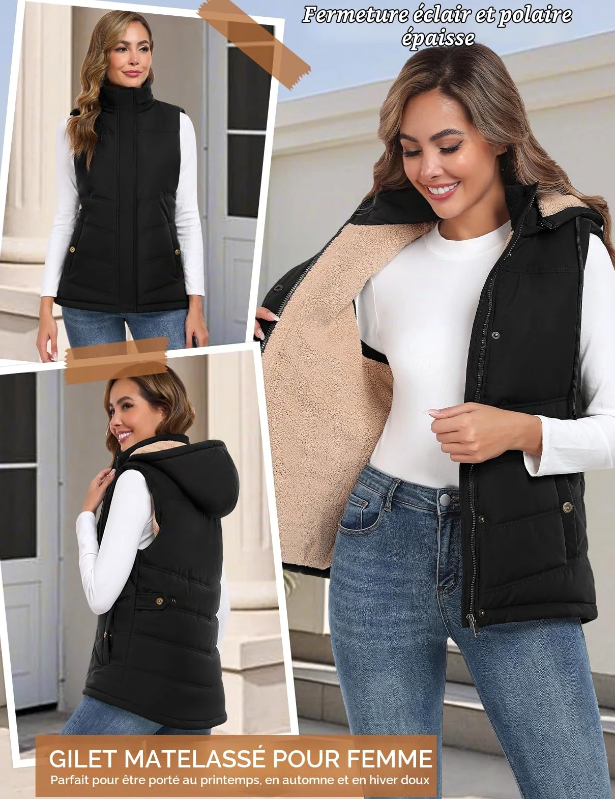 Tuopuda Manteau Femme sans Manche, Veste sans Manche Polaire Chaud Automne Hiver Gilet sans Manche à Capuche Amovible Hooded Coat Zippée Waistcoat avec Poches