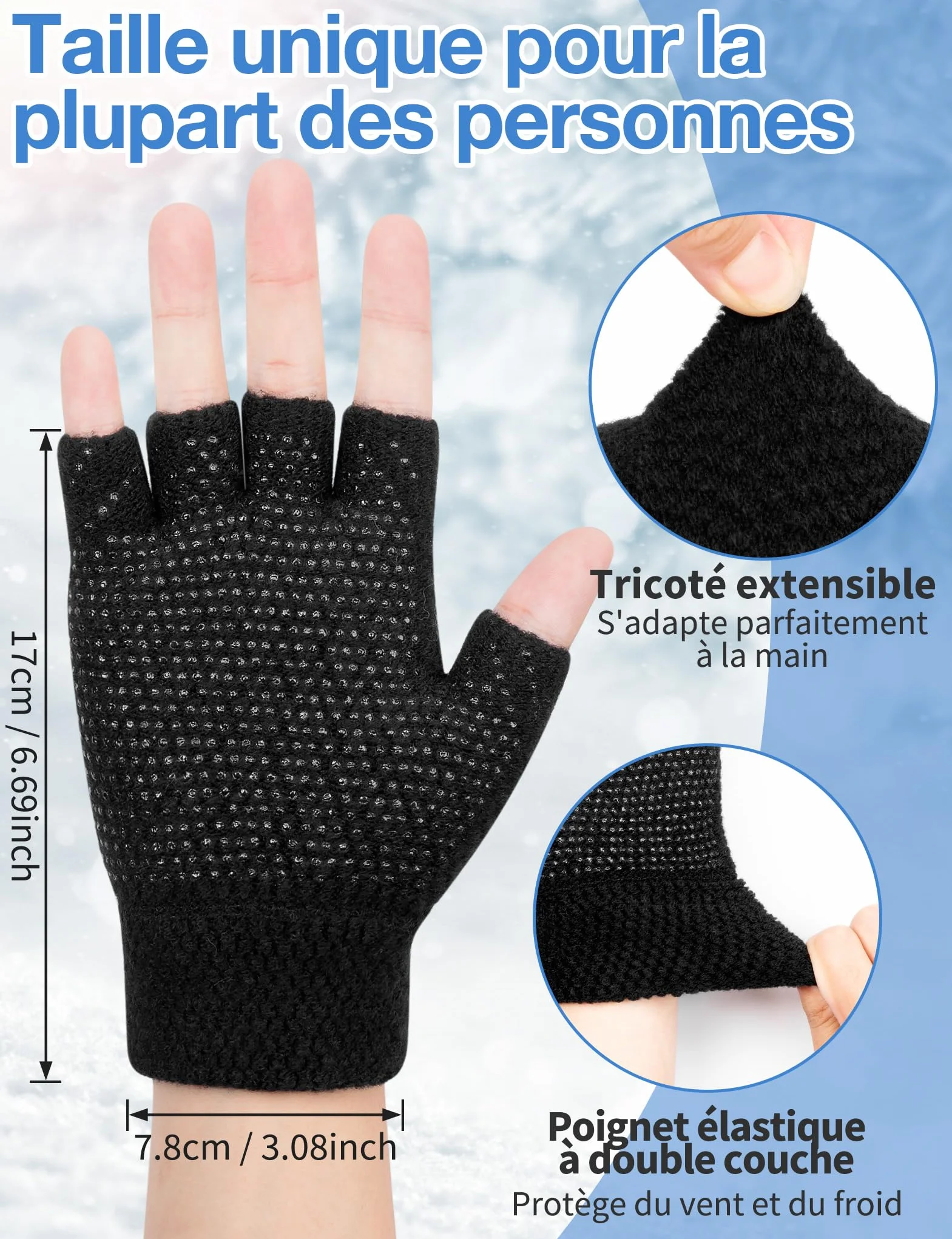 Kiiwah 2 Paires Gants d'Hiver Sans Doigts Antidérapant pour Hommes et Femmes, Chaude Mitaine Demi-Doigts Élastique pour Photographie, Conduite, Sport, Activités Plein Air Hiver