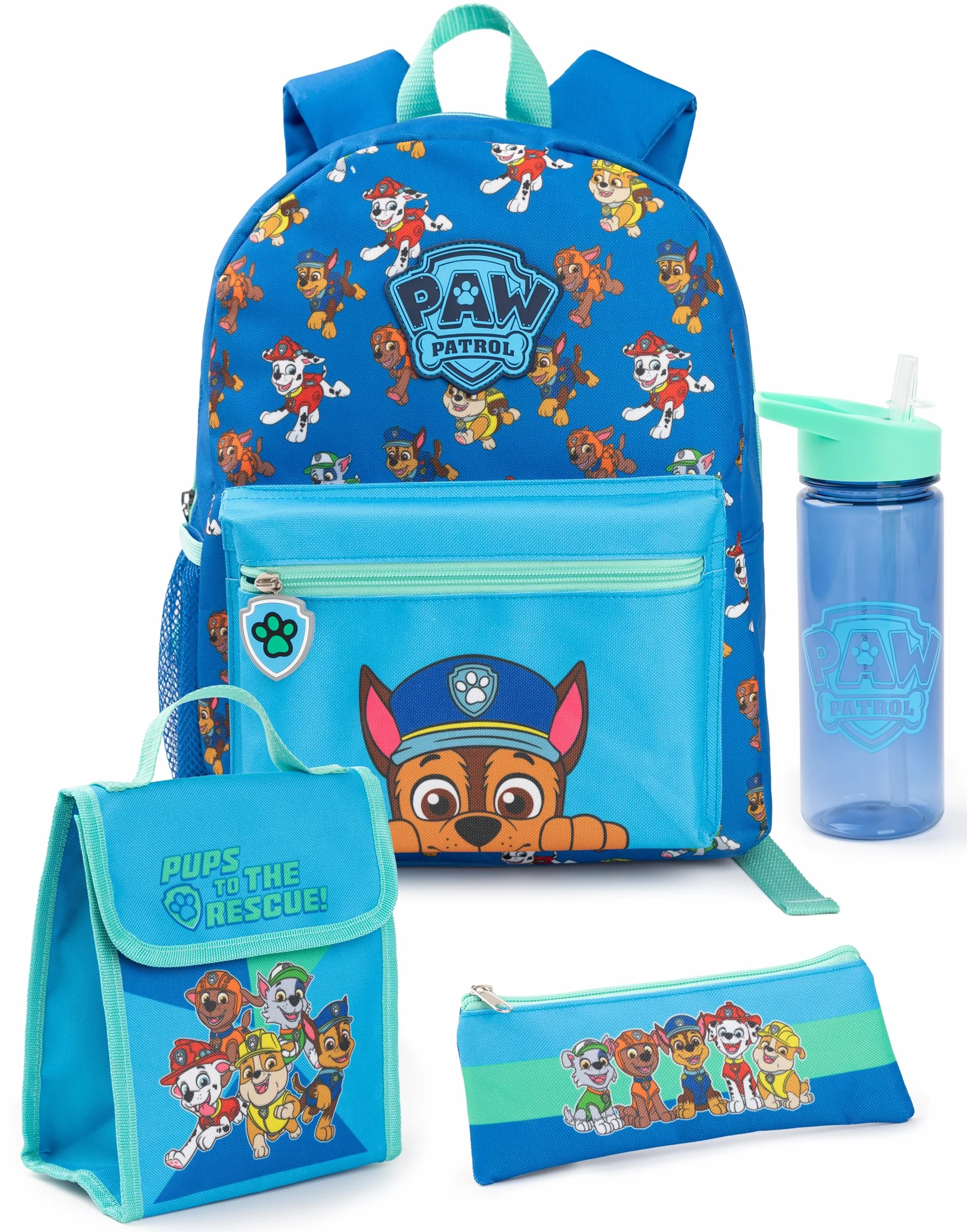 Paw Patrol Garçons Sac à dos Ensemble | Sac à dos bleu et vert pour enfants 4 pièces avec sac d’école, étui, sac à lunch et bouteille d’eau | Chase Dog Crew Graphic ensemble assorti complet