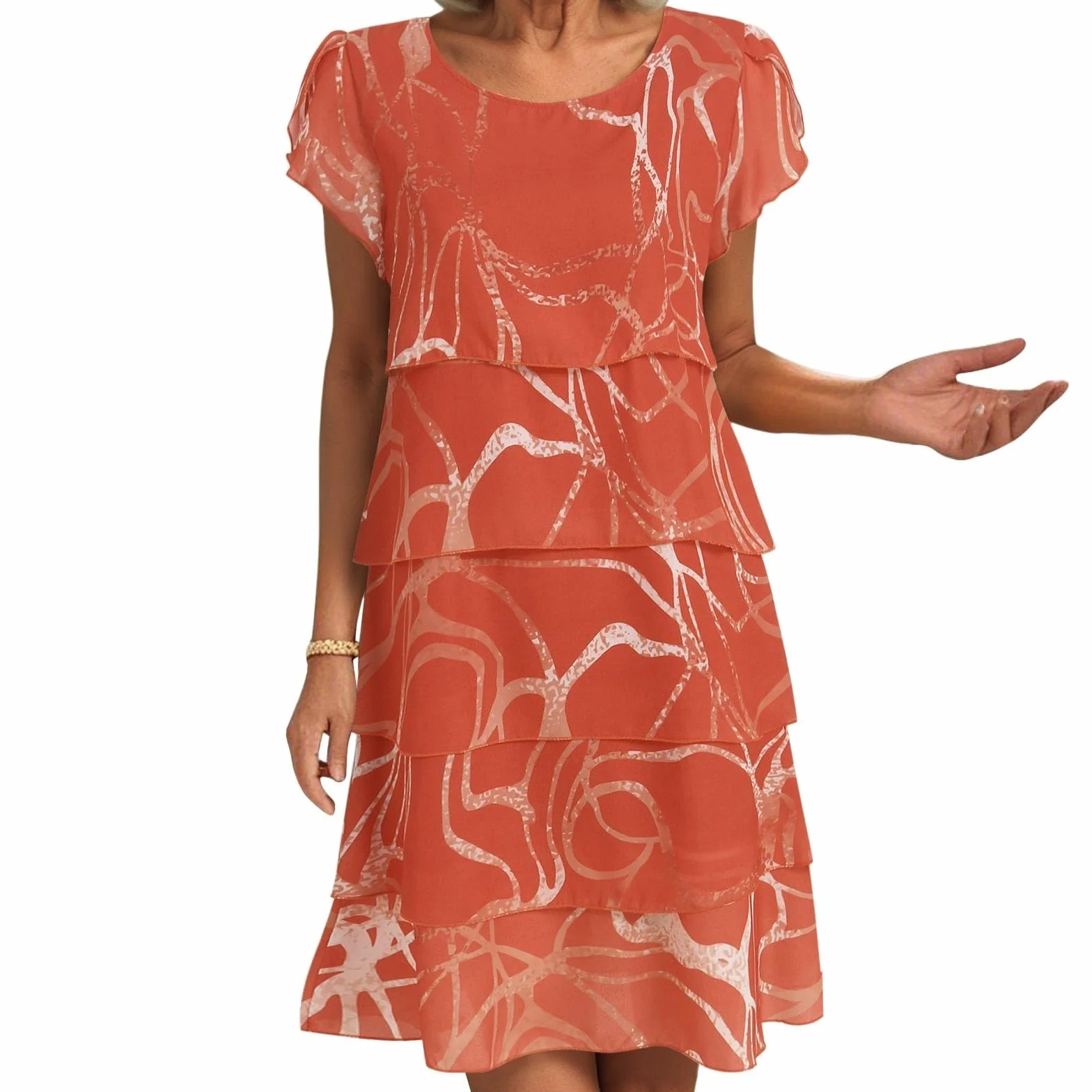 Robe Ete Femme Col Rond, Robe Boheme Femme Manches Courtes Impression 3D Mi-Longue à Volants Superposés Léger Respirant Grande Taille Élégante Décontracté Fluide Classiques Plage Dress