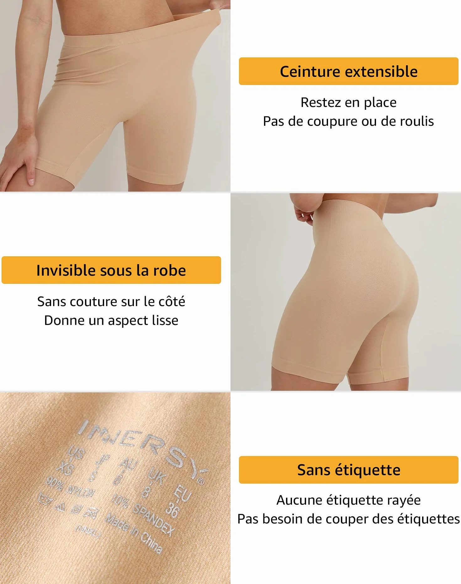 INNERSY Shorty Femme sous Jupe Douce Legging Court sans Couture Boxer Short Sécurité Lot de 3