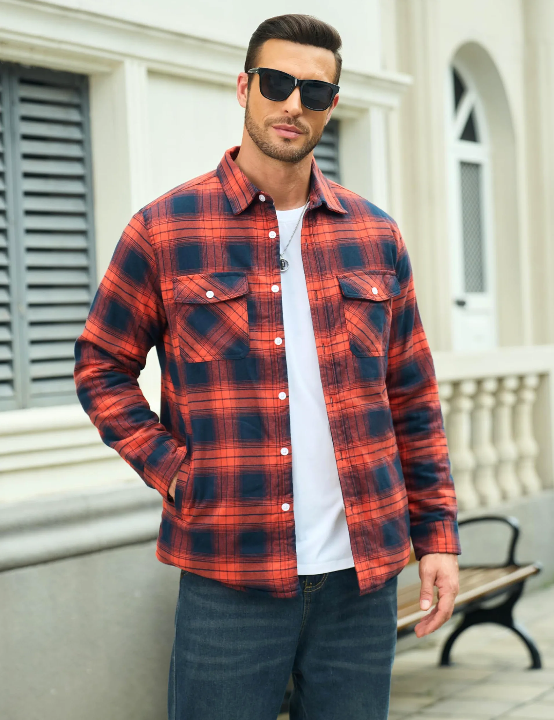 MAGCOMSEN Veste d'hiver pour homme - Veste doublée - Chemise thermique à carreaux - Avec poches multiples - Coton - Chemise chaude