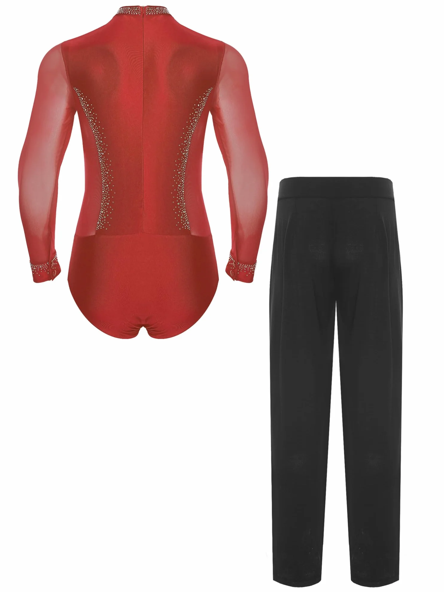 ranrann Ensemble Tenue Patinage Artistique pour Homme Justaucorps Strass Manches Longues et Pantalon Costume Danse Gymnastique