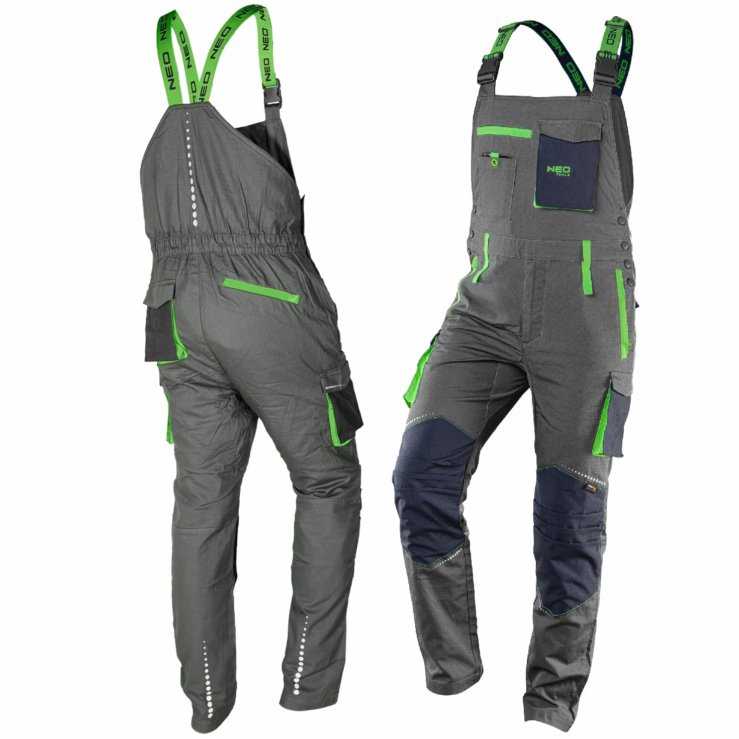 NEO TOOLS Salopette de travail de qualité supérieure pour homme, 100% coton, 210 g/m², Ripstop, taille XS-3XL, zone des genoux renforcés en Cordura, éléments réfléchissants (L)